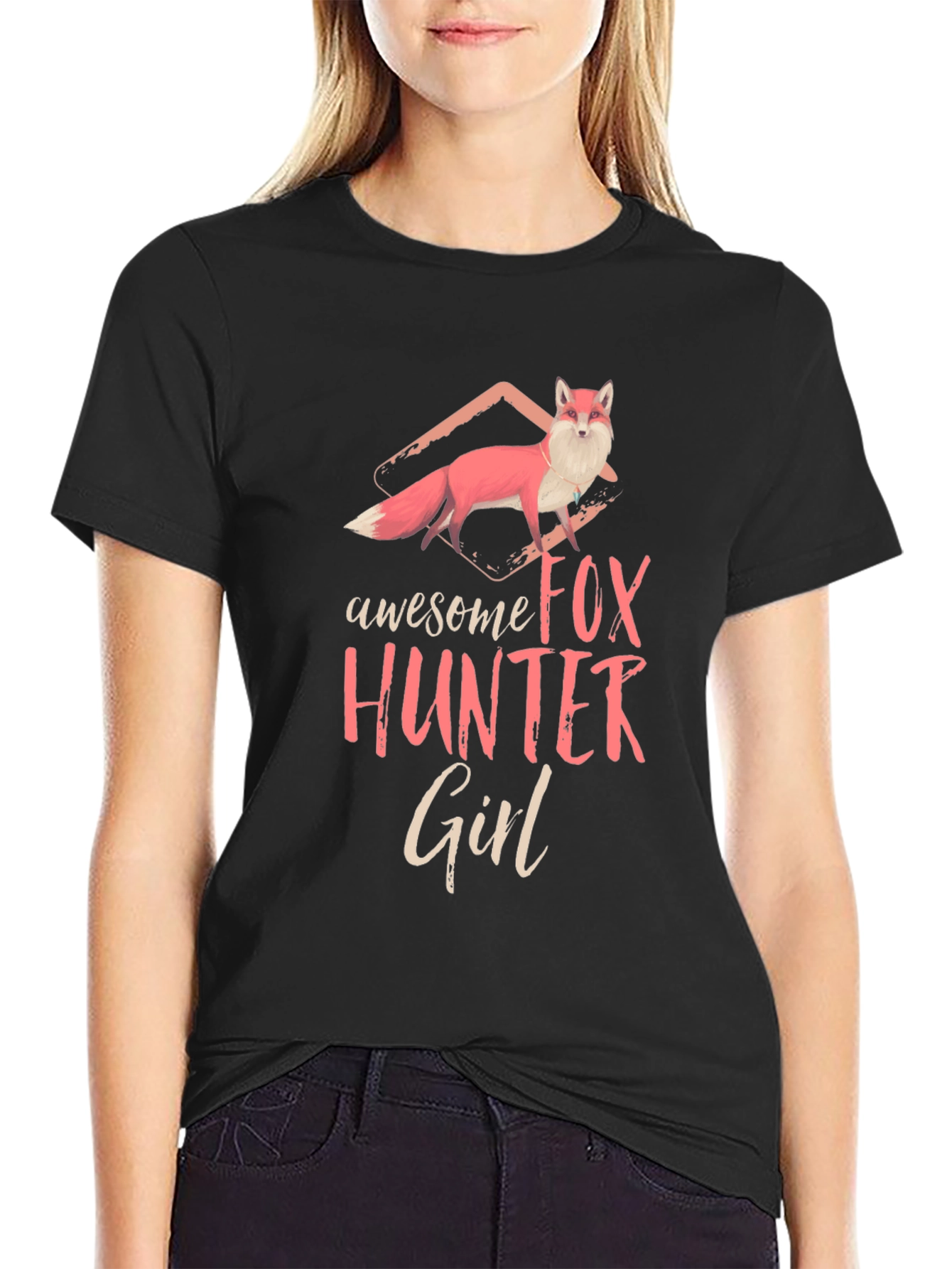 Black Awesome Fox Hunter Girl Graphic T-Shirt view 2