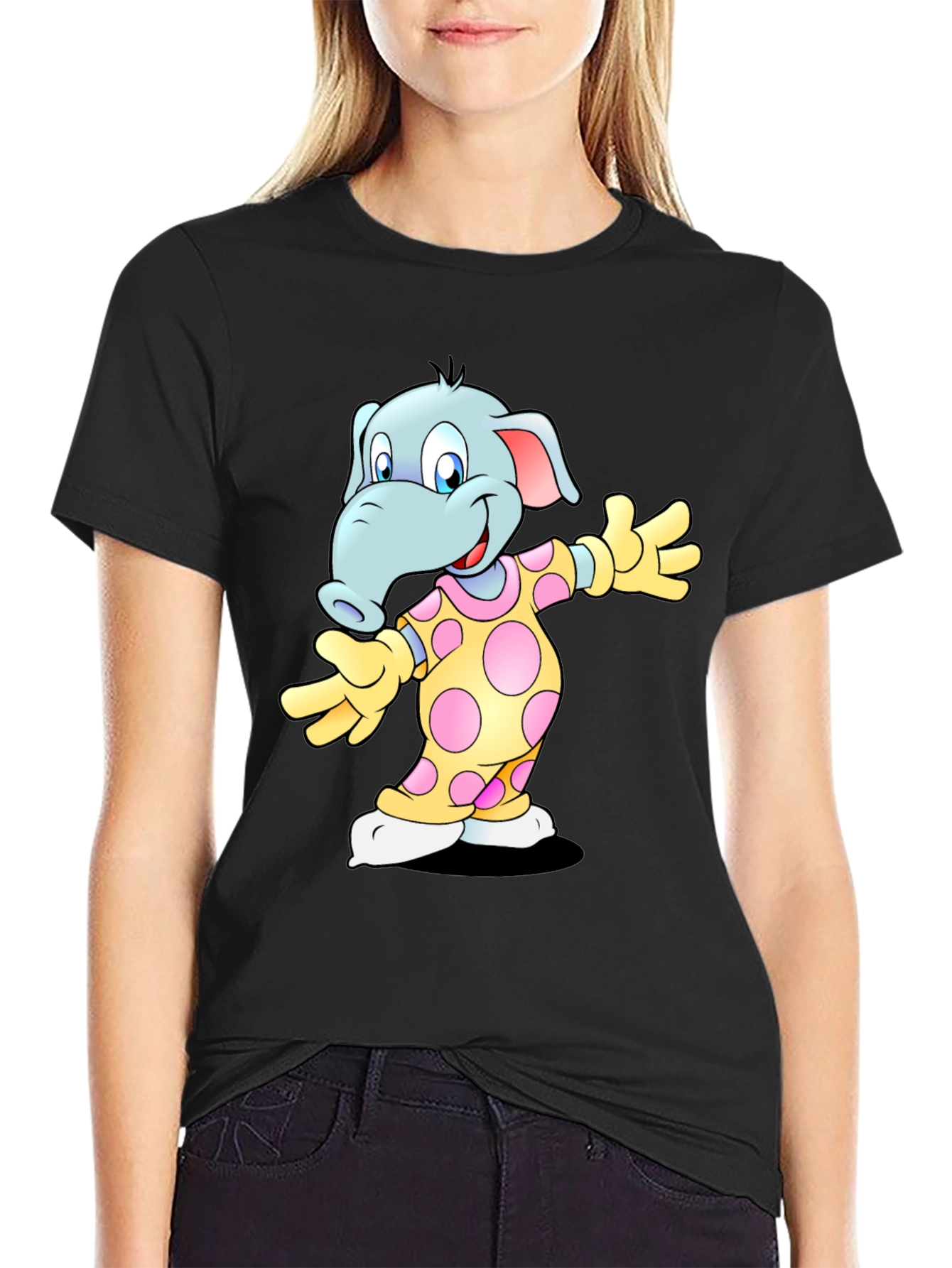 Black Cartoon Elephant Print Black T-Shirt view 2