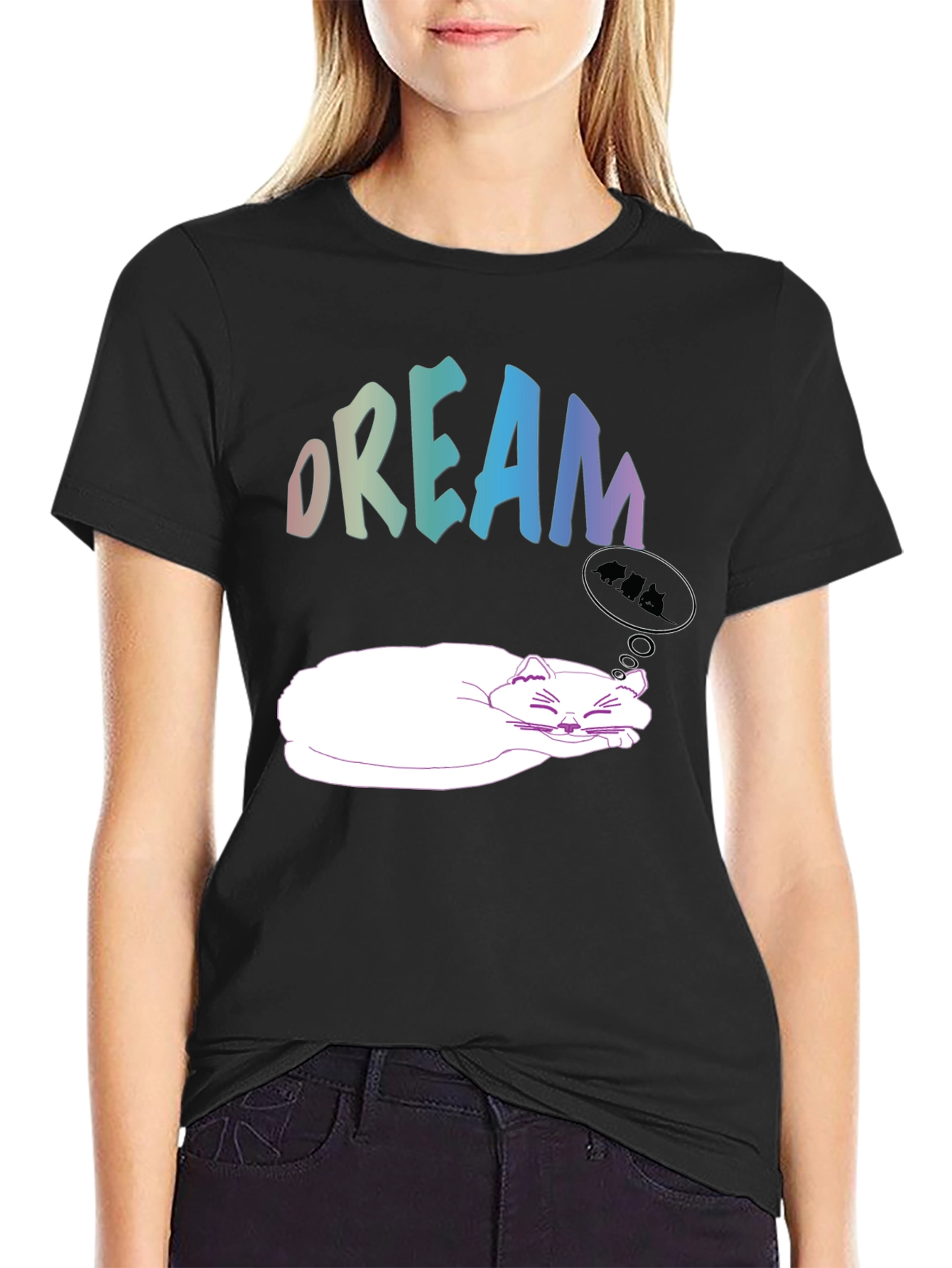 Black Dreaming Cat Graphic Tee - Soft Cotton Comfort view 2