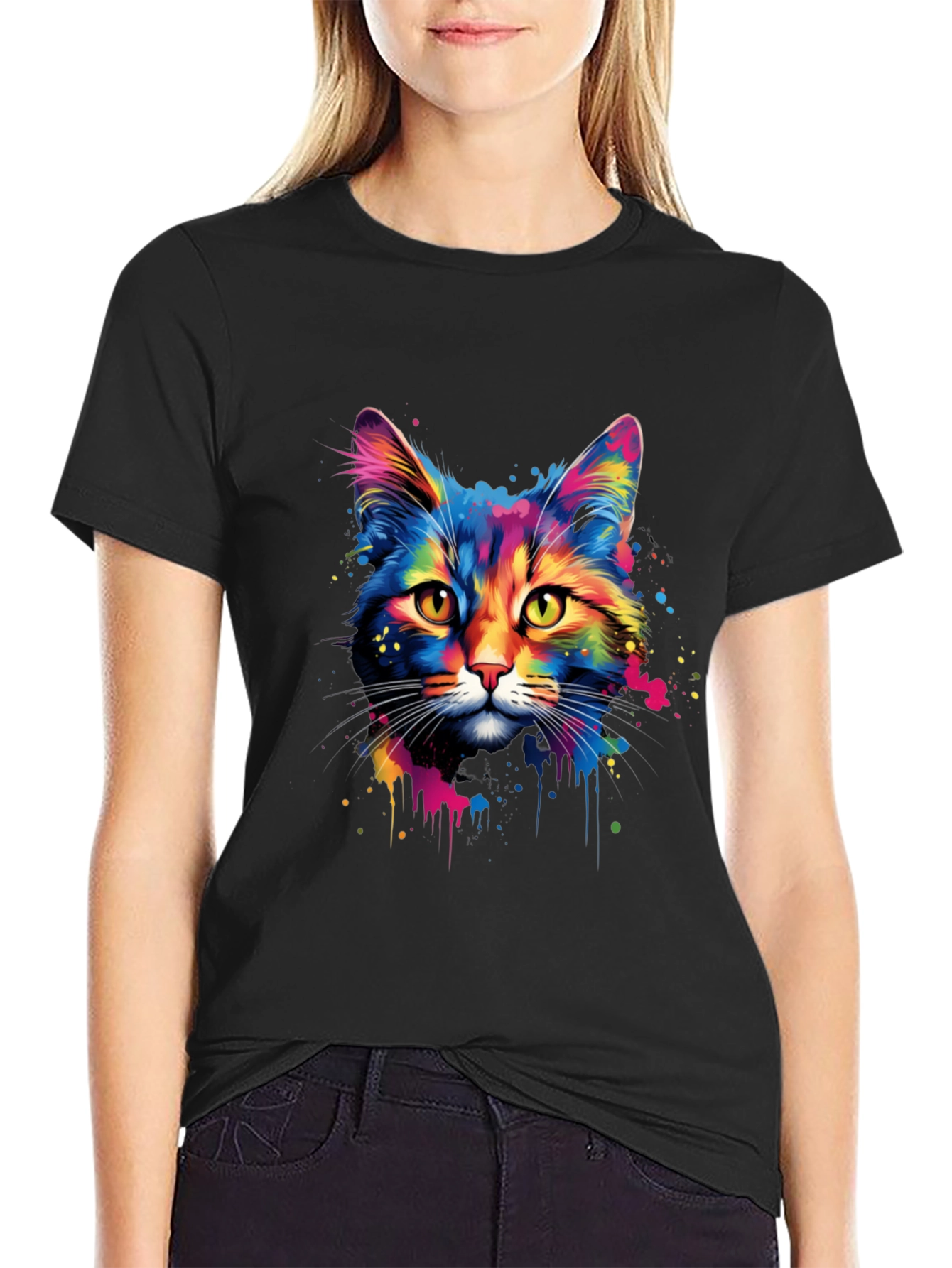 Black Colorful Cat Graphic Print T-Shirt view 2