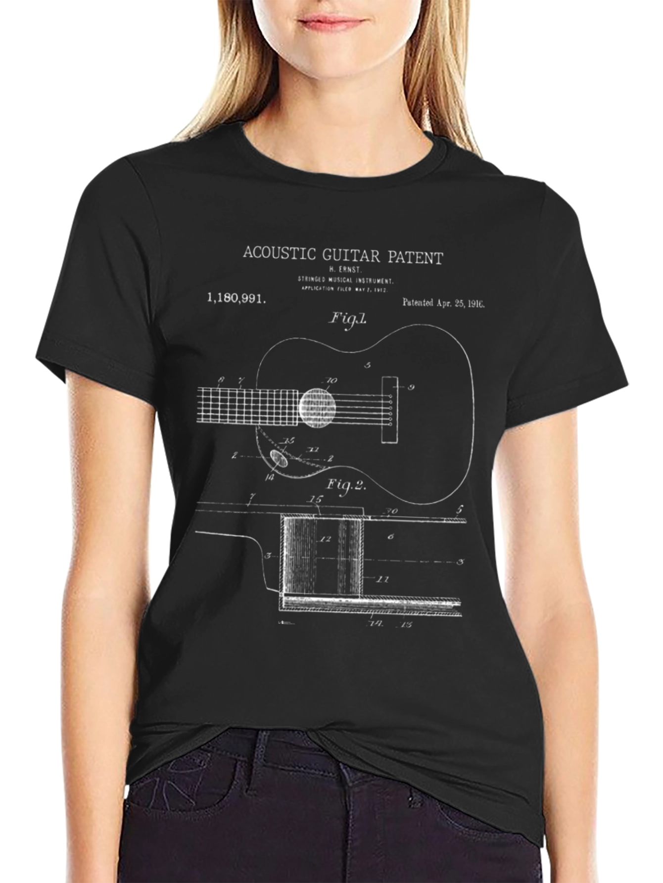 Black Acoustic Guitar Patent Print T-Shirt view 2