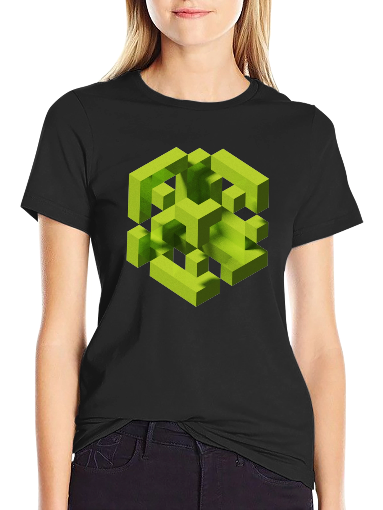 Black Abstract Geometric Cube Graphic Tee - Black view 2