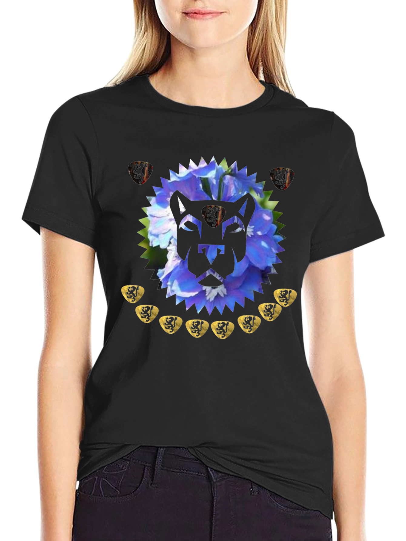 Black Geometric Lion Floral T-Shirt - Modern Graphic Tee view 2