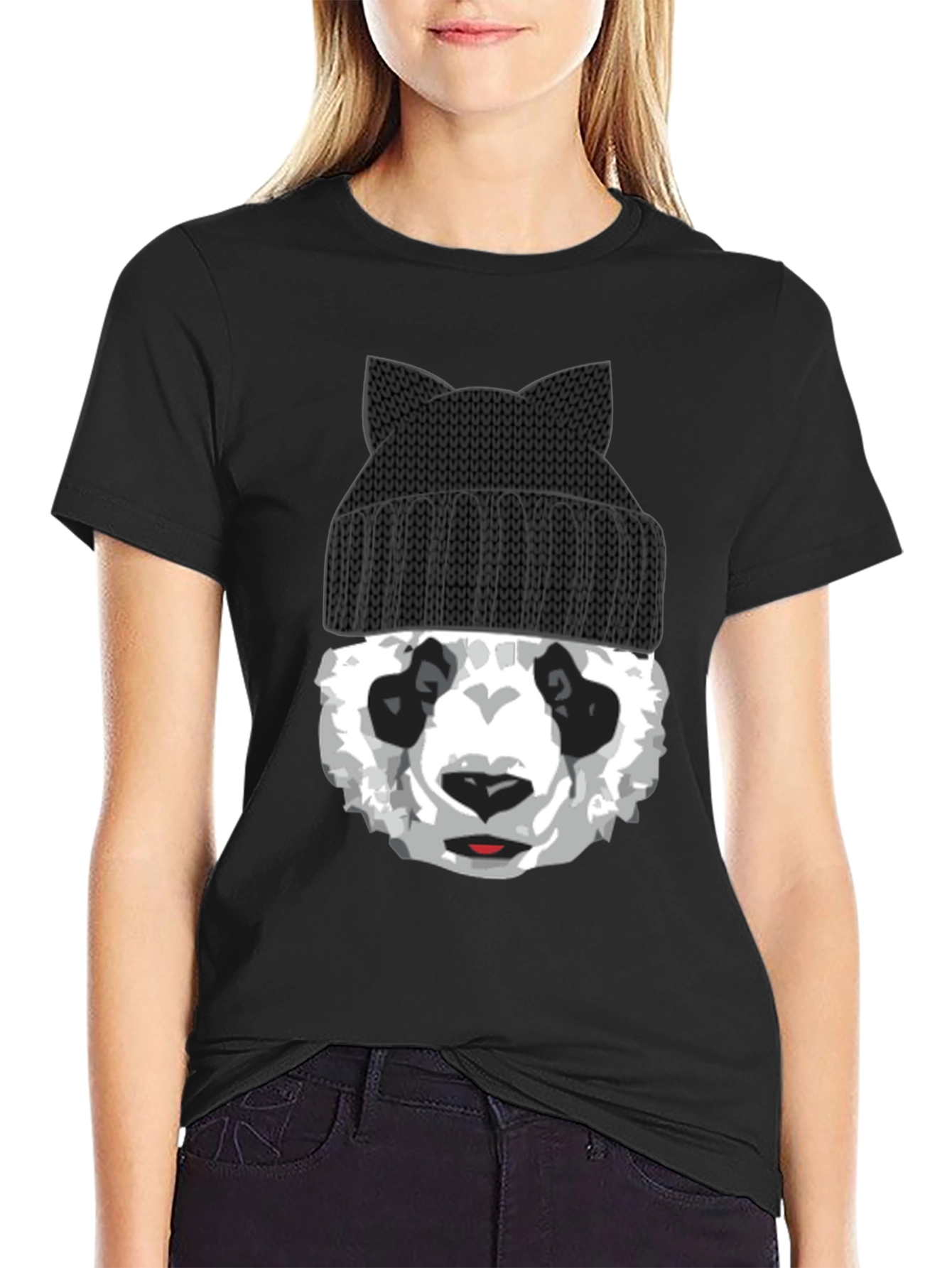 Black Cool Panda Bear with Cat Ear Beanie Graphic Tee view 2