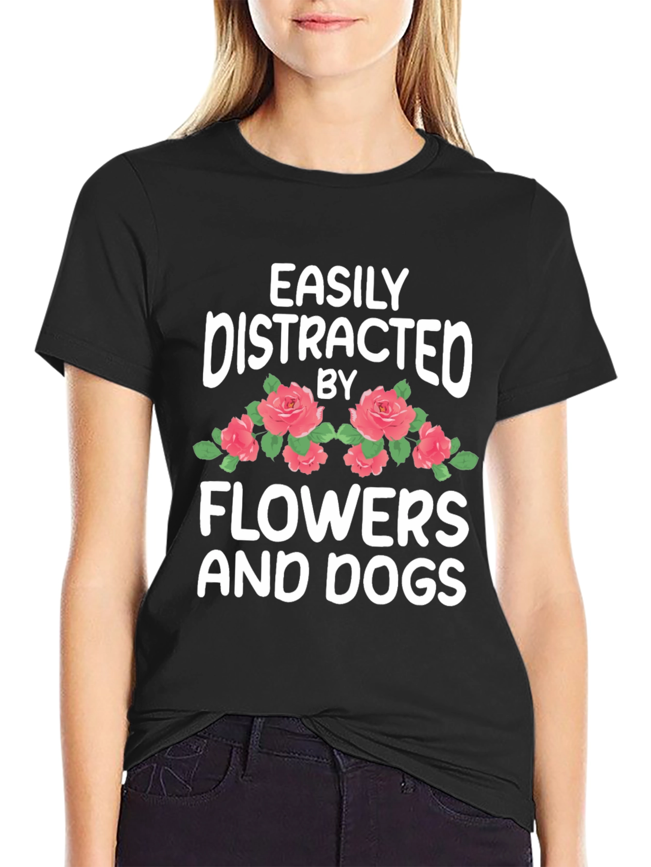 Black Easily Distracted by Flowers and Dogs T-Shirt view 2