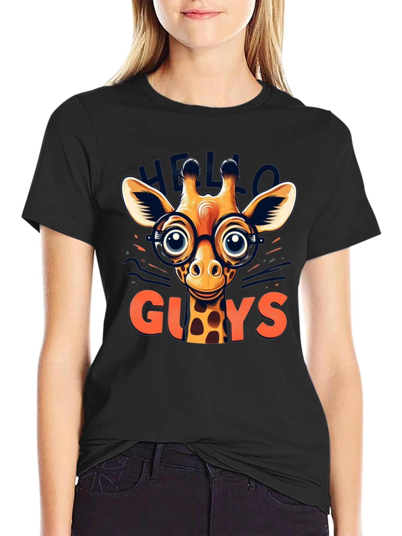 Black Giraffe with Glasses Graphic Tee - Hello Guys! view 2