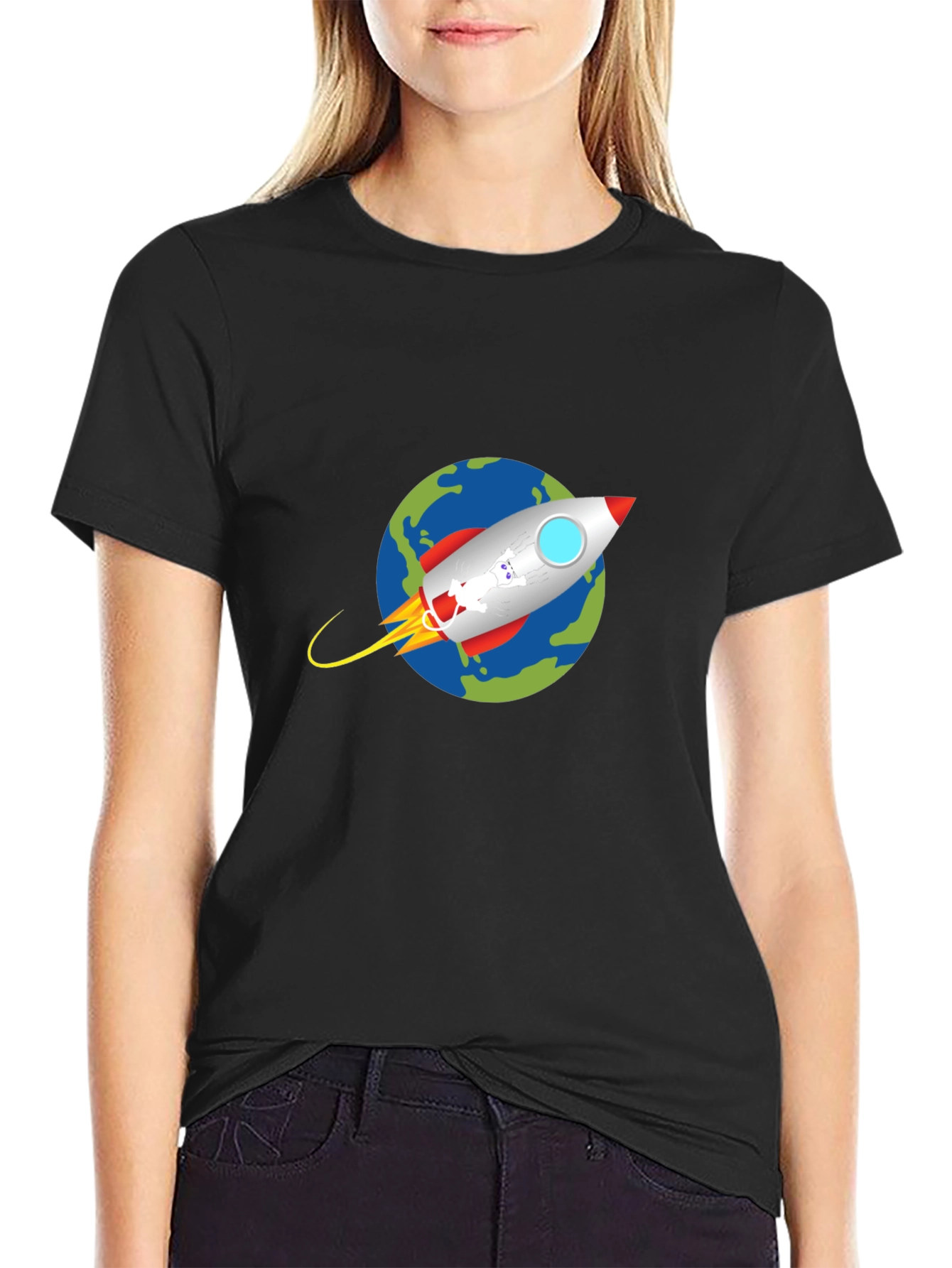 Black Rocket Earth Graphic Tee - Black Cotton Casual view 2
