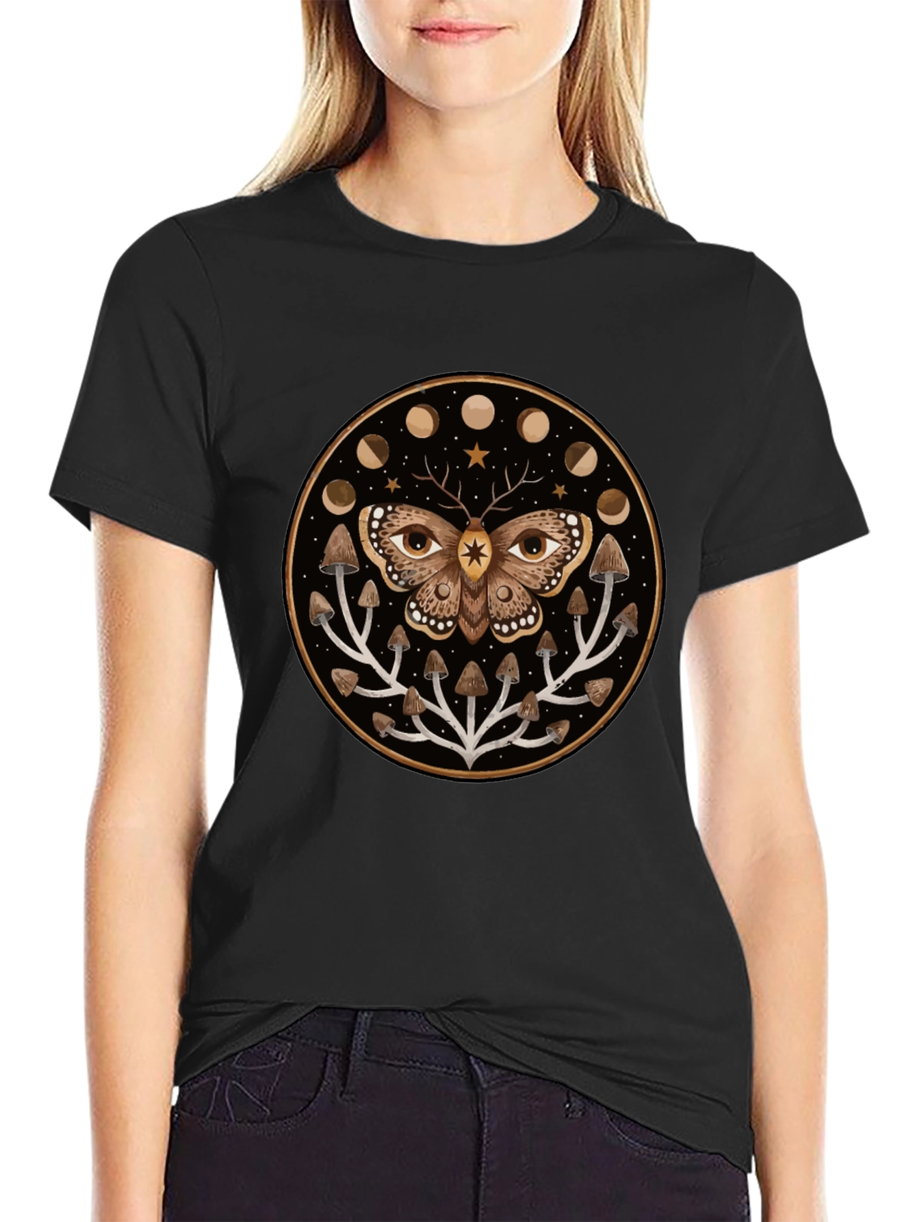 Black Moth and Mushroom Moon Phases Graphic Tee view 2