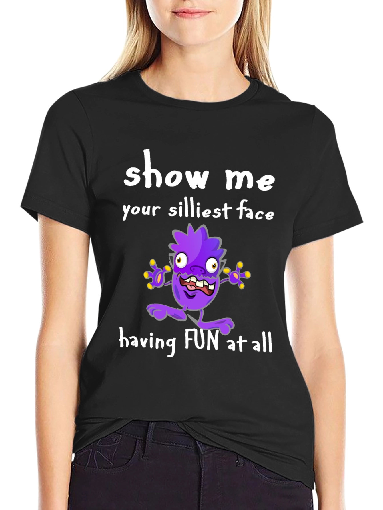Black Show Me Your Silliest Face T-Shirt Funny Cartoon Monster view 2
