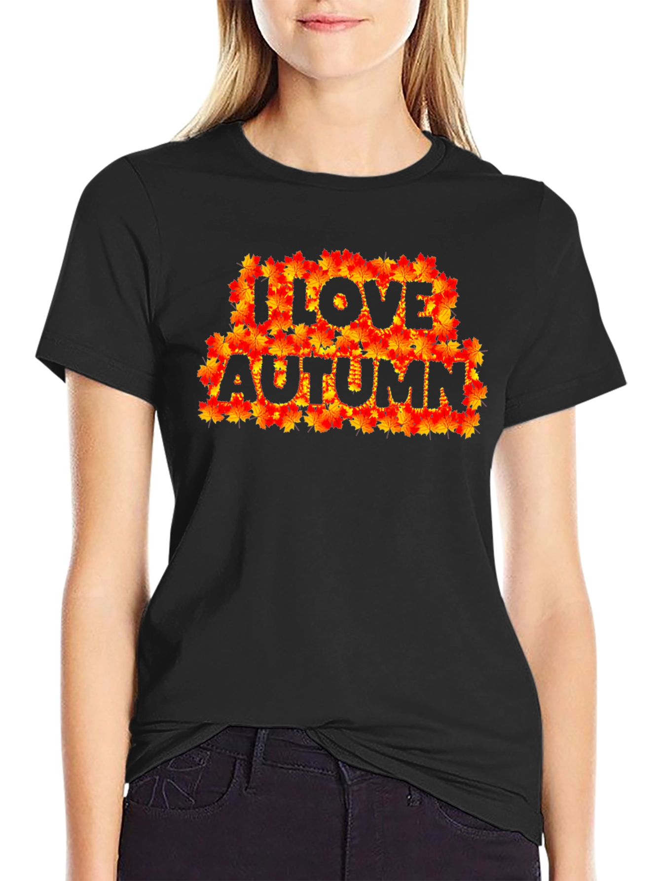 Black I Love Autumn Fall Leaves Black Graphic T-Shirt view 2