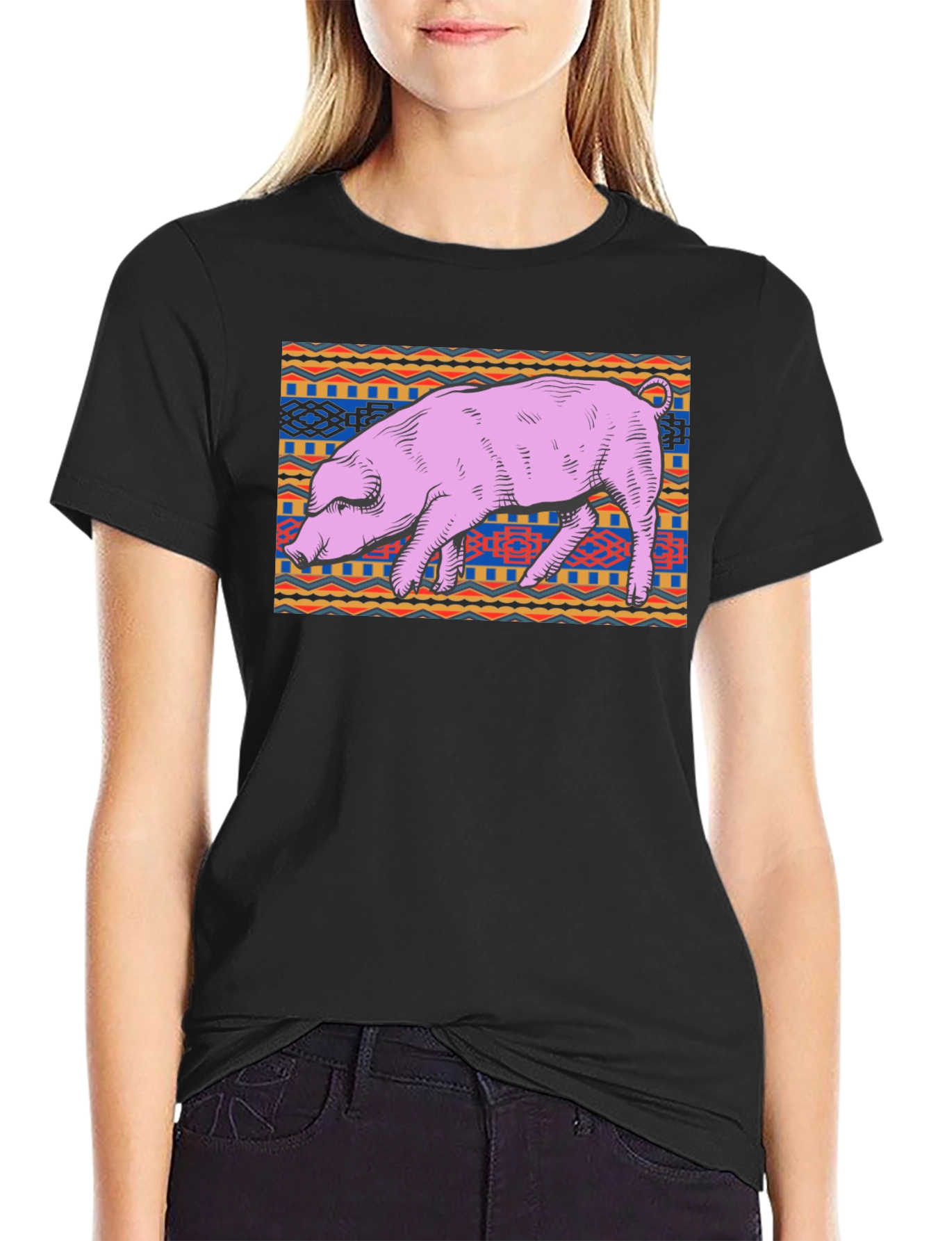 Black Pig Graphic Tee - Unique Tribal Pattern, Casual Cotton Shirt view 2
