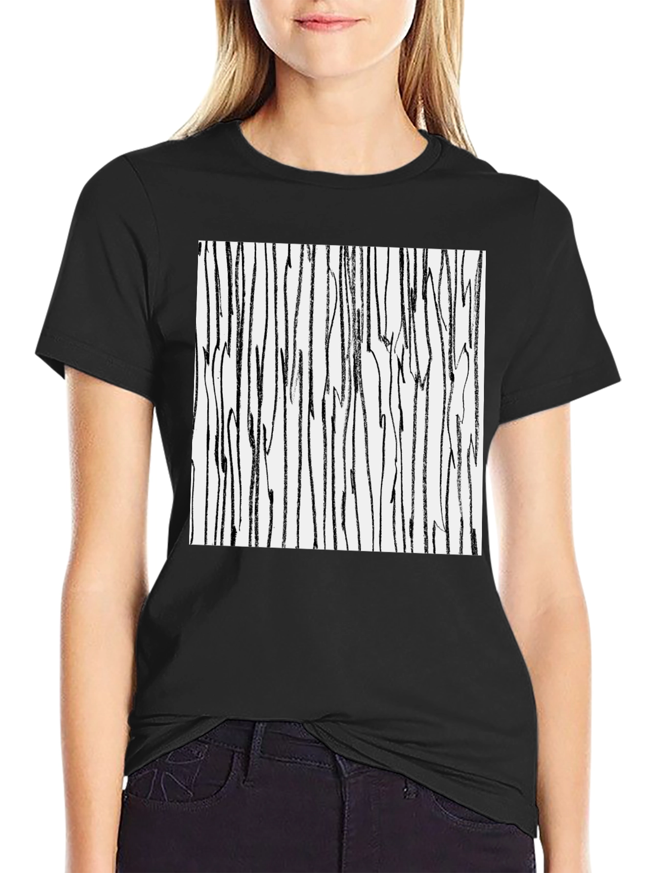 Black Abstract Stripe Print Black Cotton T-Shirt view 2