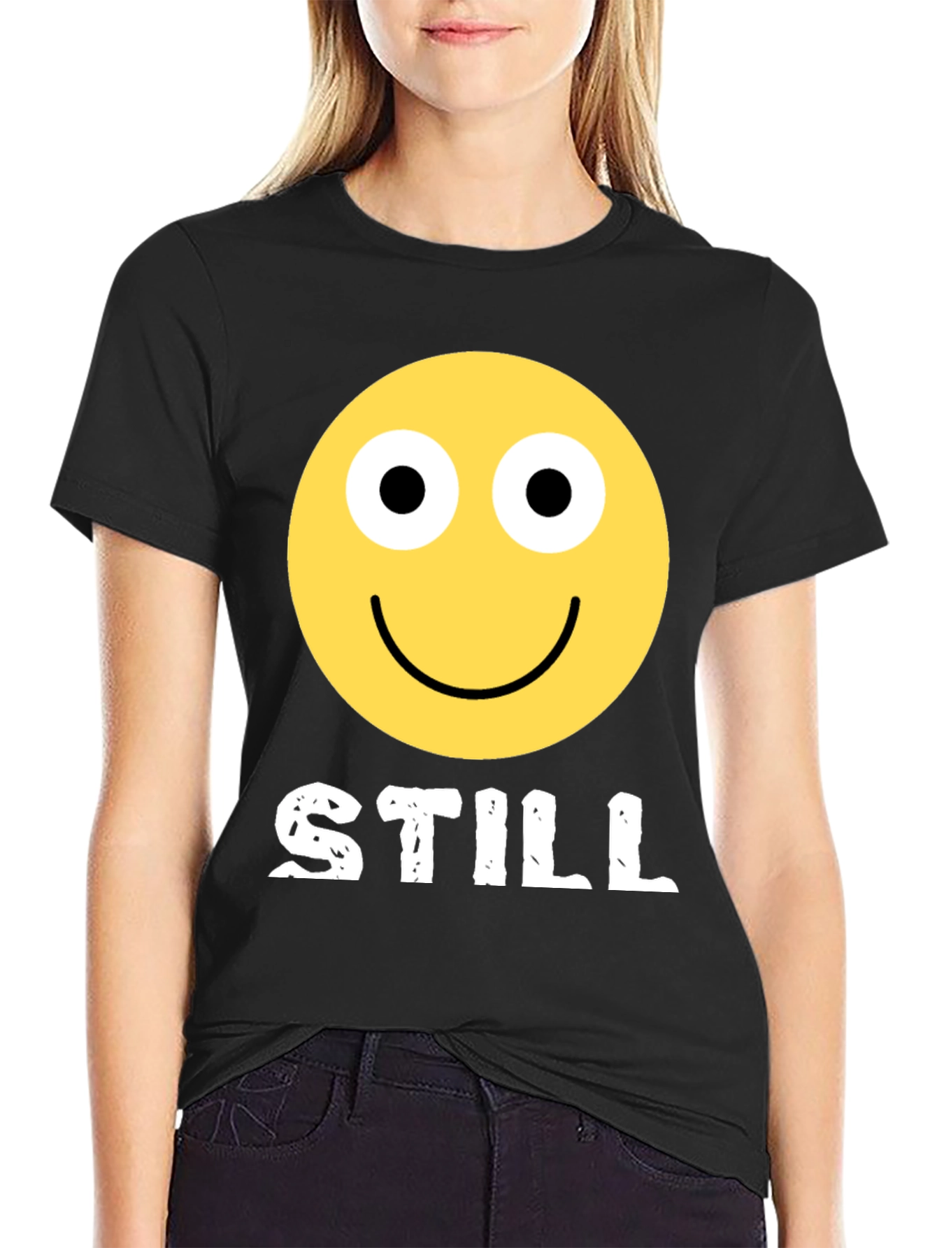Black STILL Smiley Face Graphic Tee - Adult Humor Black T-Shirt view 2