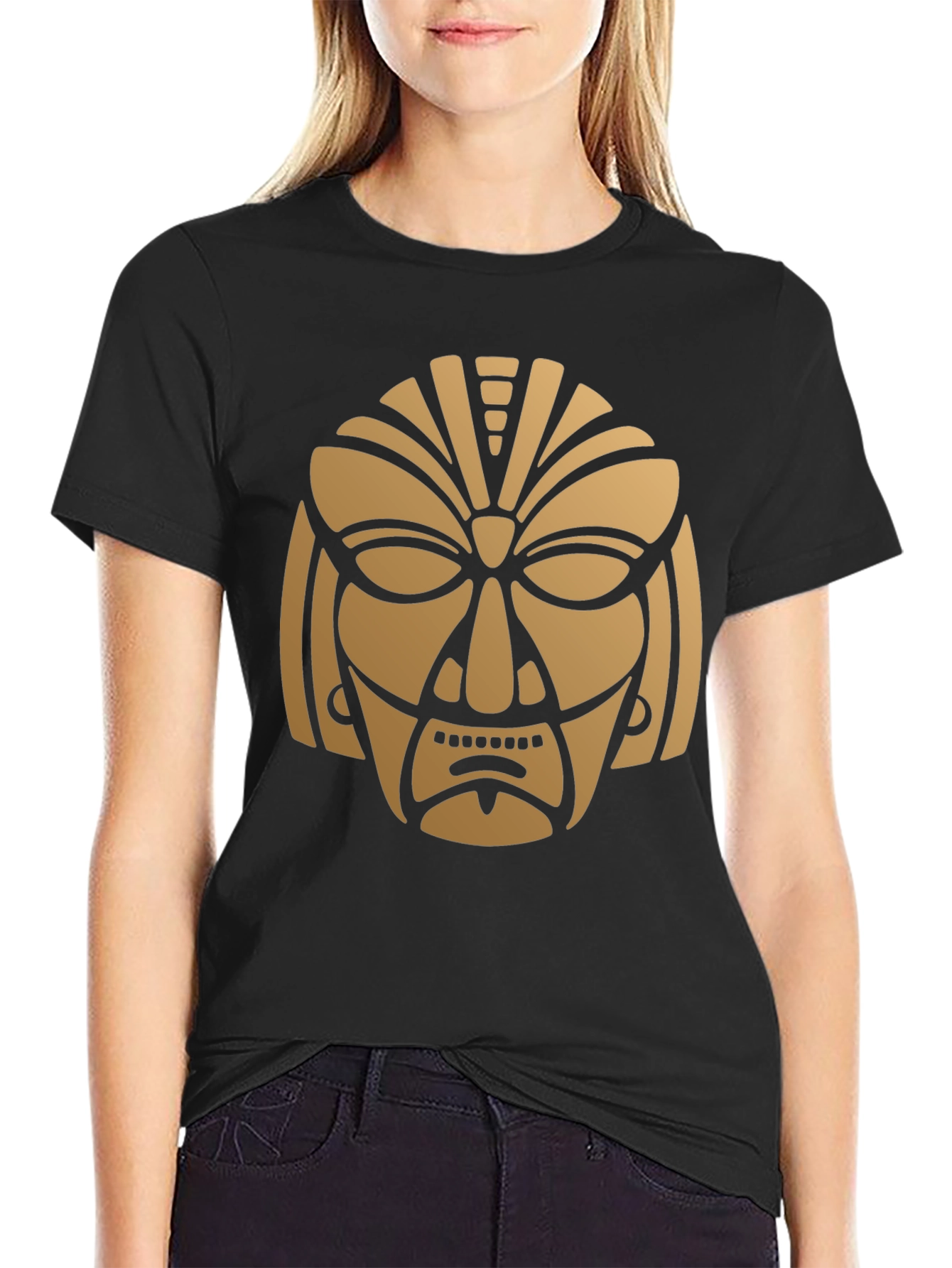 Black Tribal Mask Graphic Print T-Shirt - Black view 2