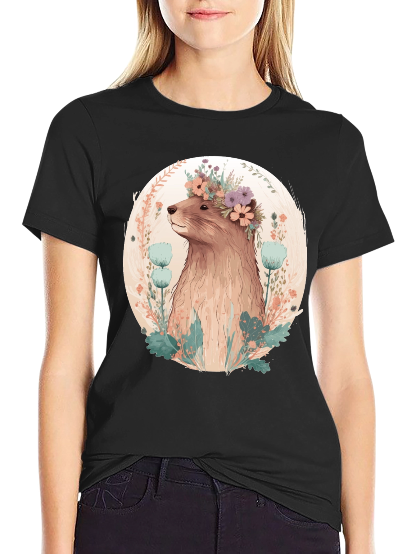 Black Floral Beaver T-Shirt - Men's Black Tee view 2