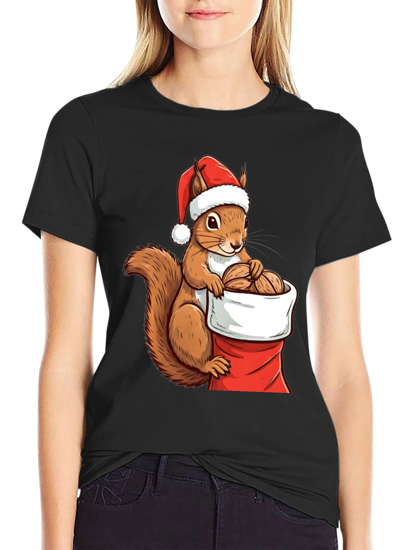 Black Festive Squirrel Santa Hat T-Shirt view 2