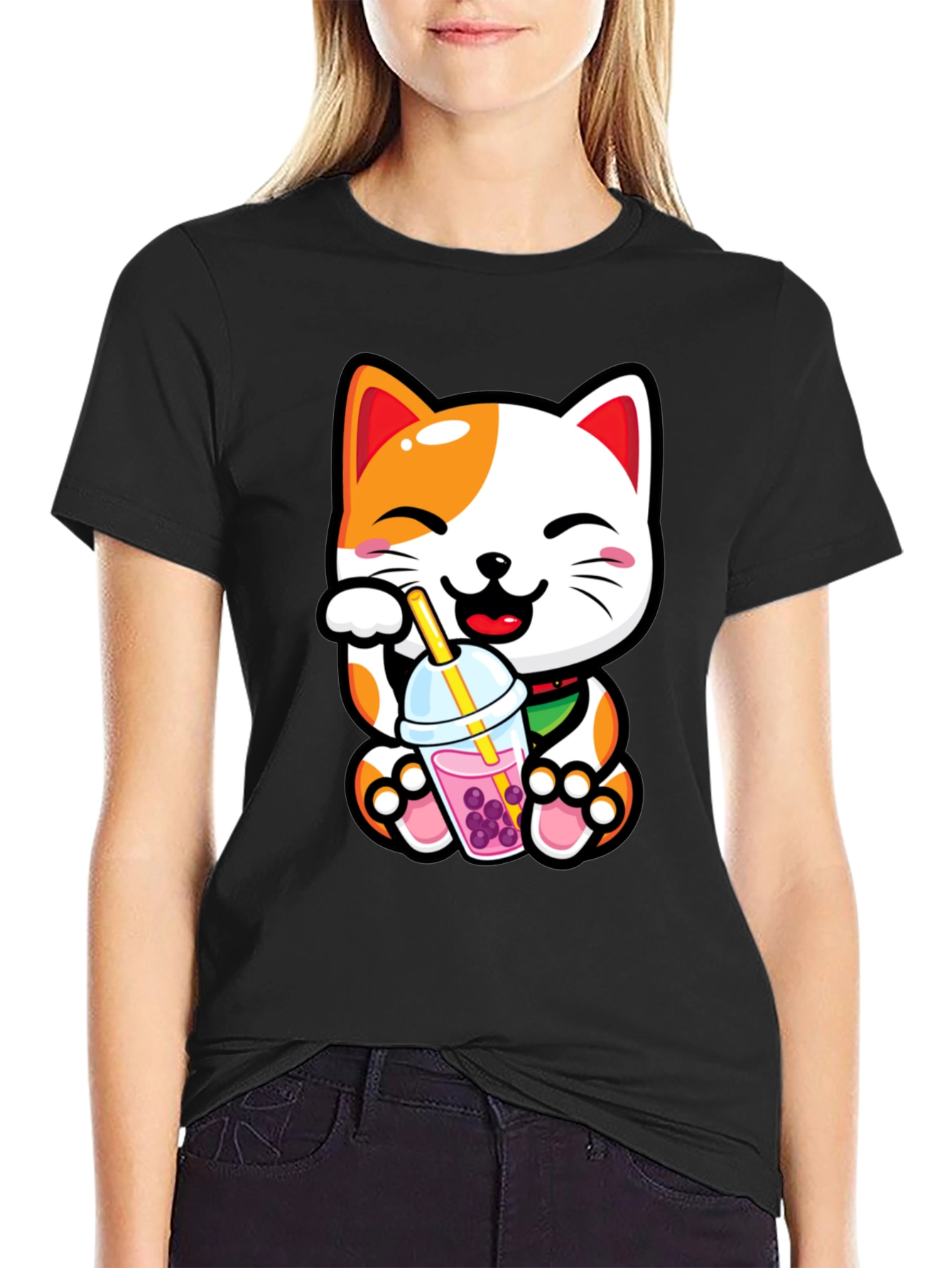 Black Kawaii Cat Boba Tea Graphic Tee view 2