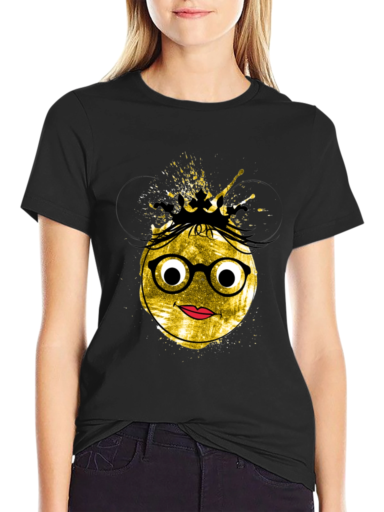 Black Trendy Graphic Tee - Nerdy Queen Emoji Design view 2