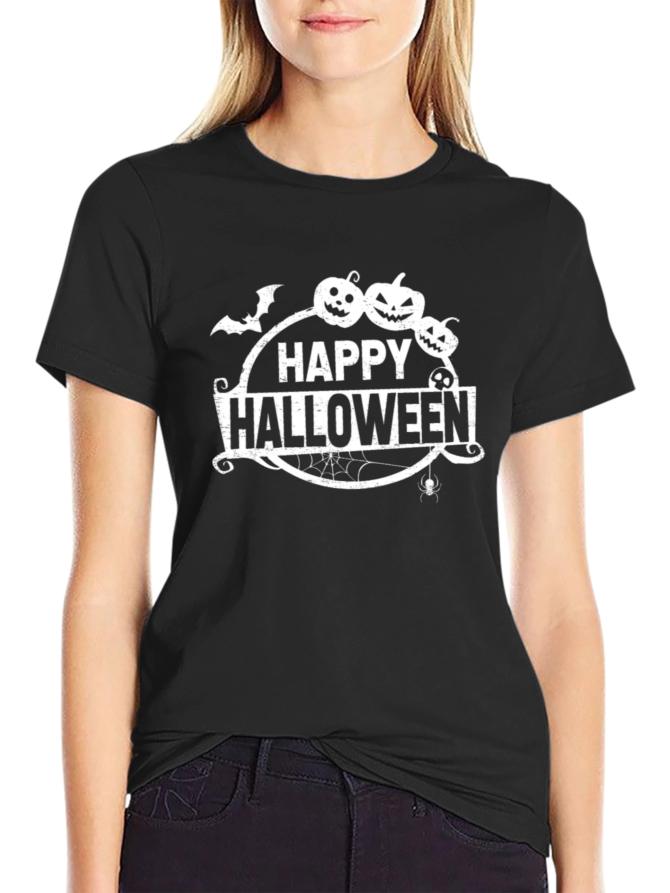 Black Happy Halloween Graphic Tee - Spooky Season Shirt view 2