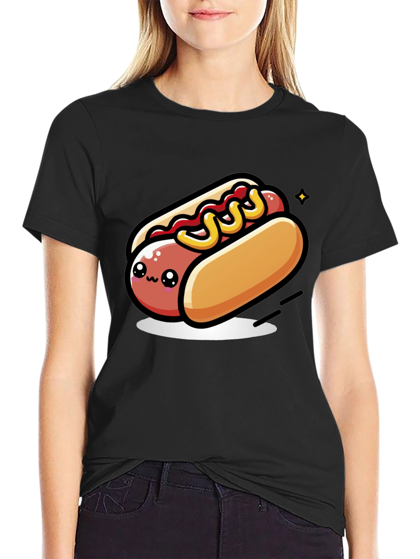 Black Cute Hotdog Cartoon T-Shirt - Black view 2