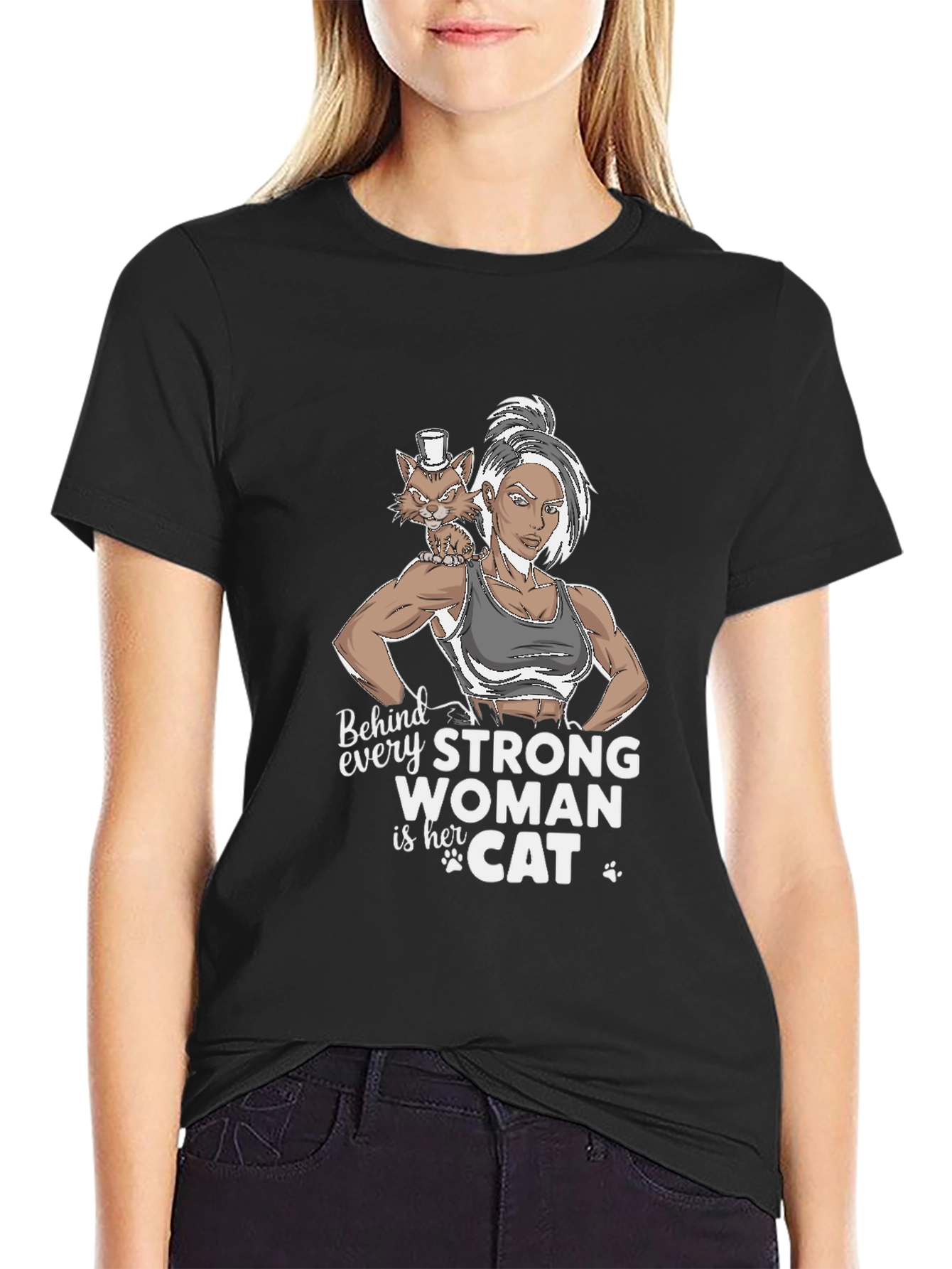 Black Strong Woman & Cat Graphic T-Shirt view 2