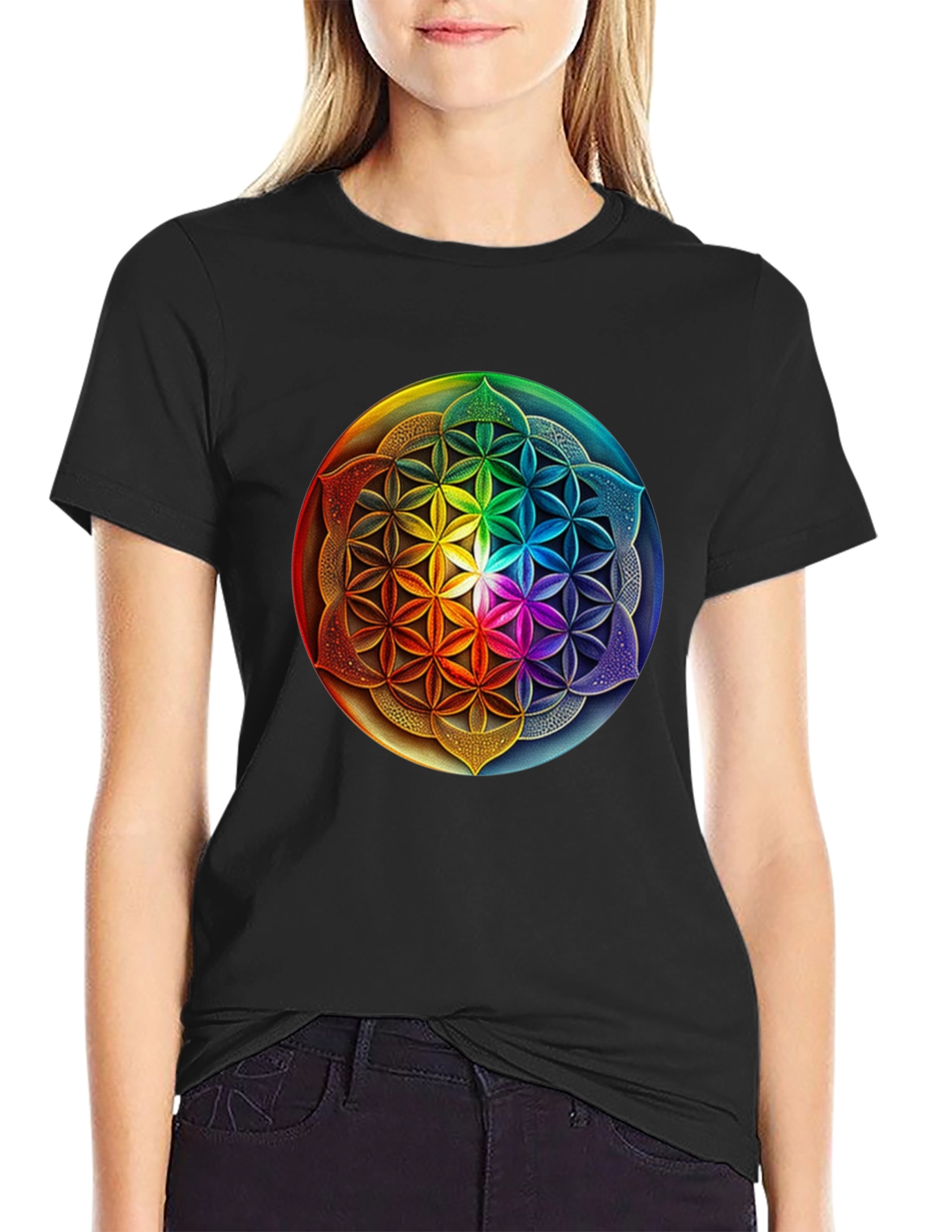 Black Rainbow Flower of Life Graphic Tee view 2