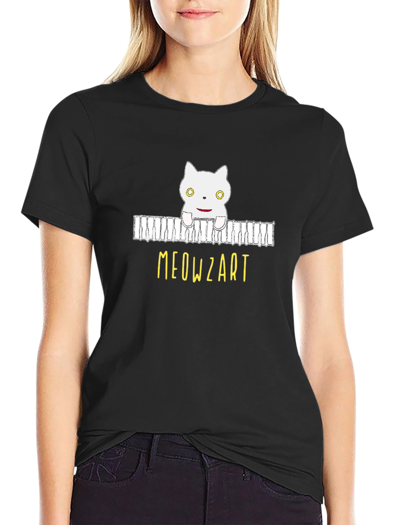 Black Meowzart Cat Piano T-Shirt - Music Lover Tee view 2