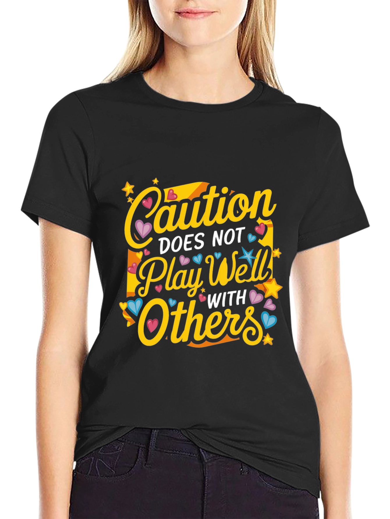 Black Caution Does Not Play Well With Others Graphic T-Shirt view 2