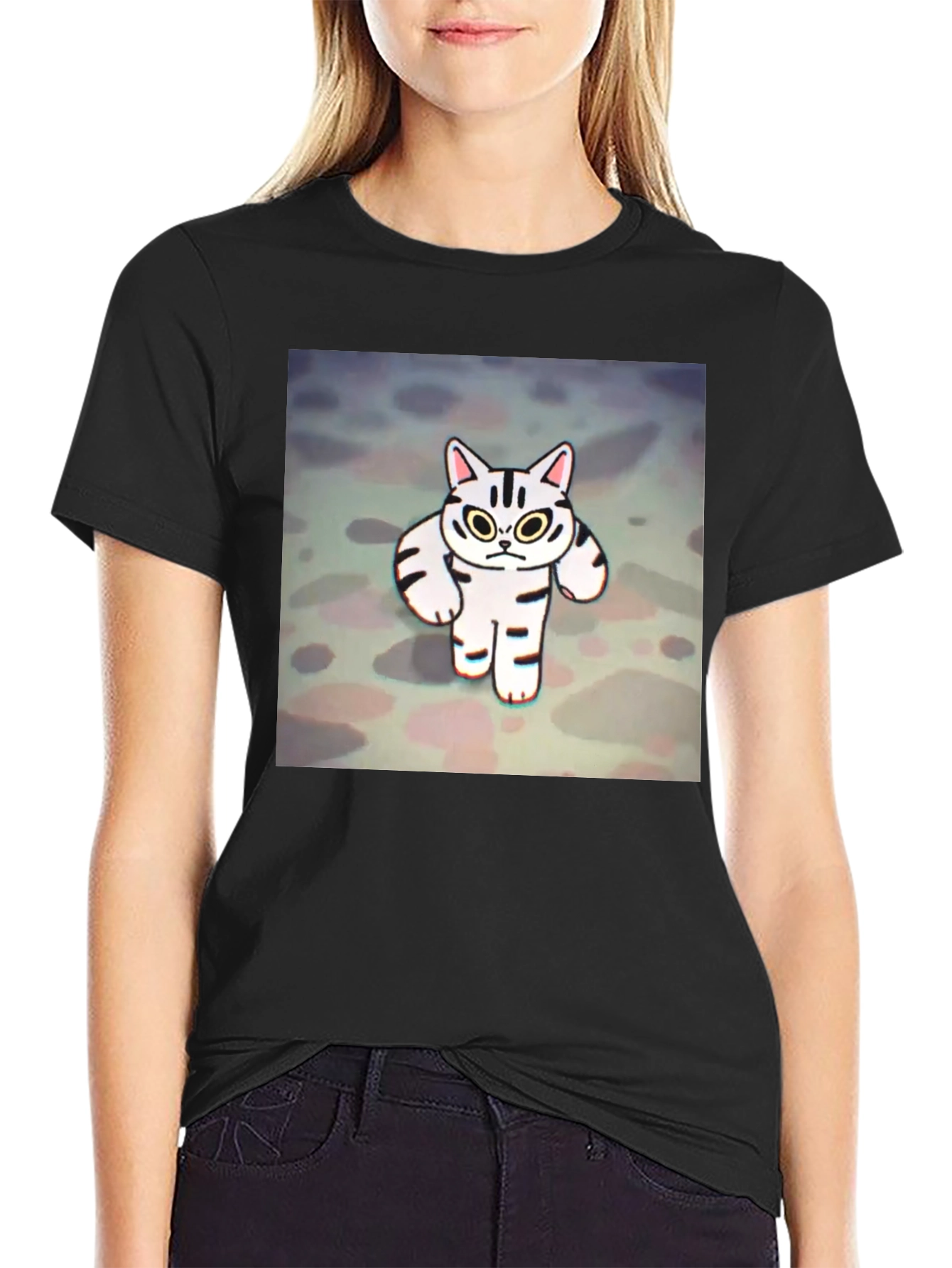 Black Funny Cat Graphic Tee - Black Cotton T-Shirt view 2