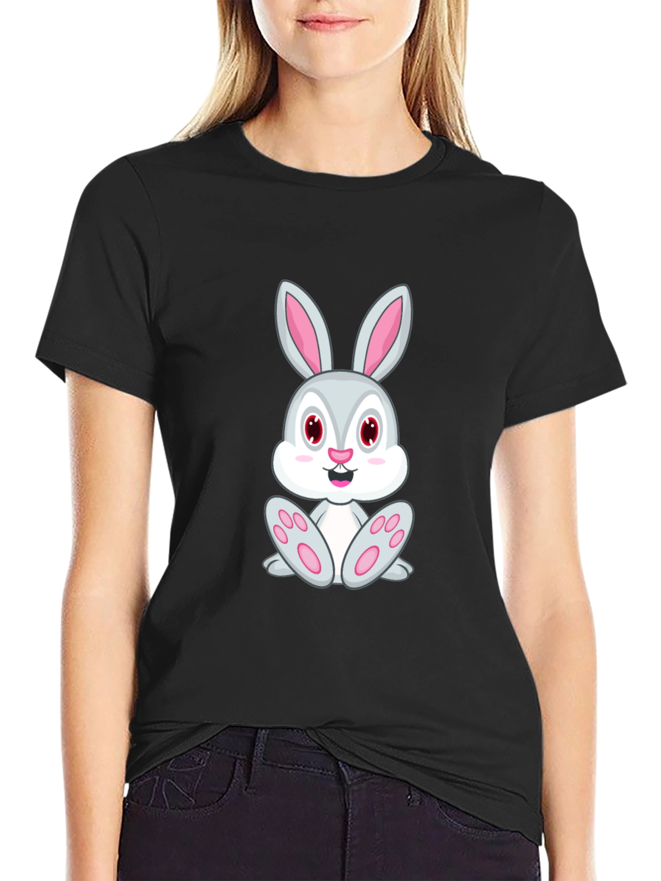 Black Cute Bunny Graphic Tee - Black Cotton T-Shirt view 2