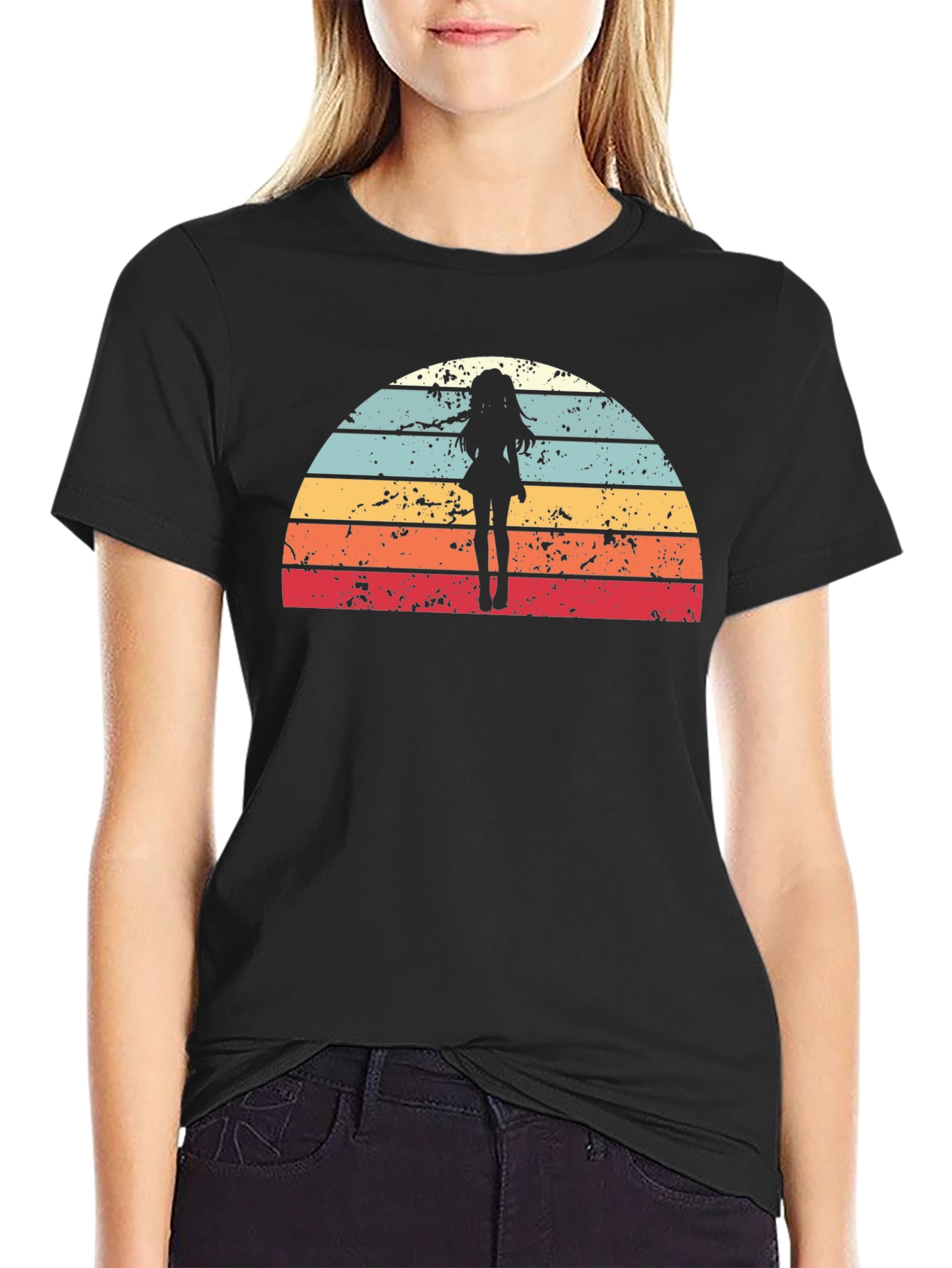 Black Retro Anime Girl Sunset T-Shirt view 2