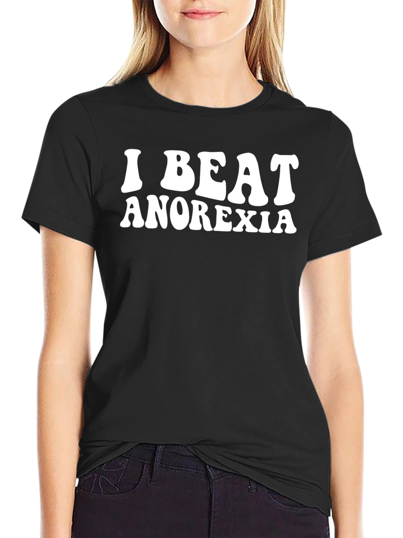 Black I Beat Anorexia Black Cotton Graphic T-Shirt view 2