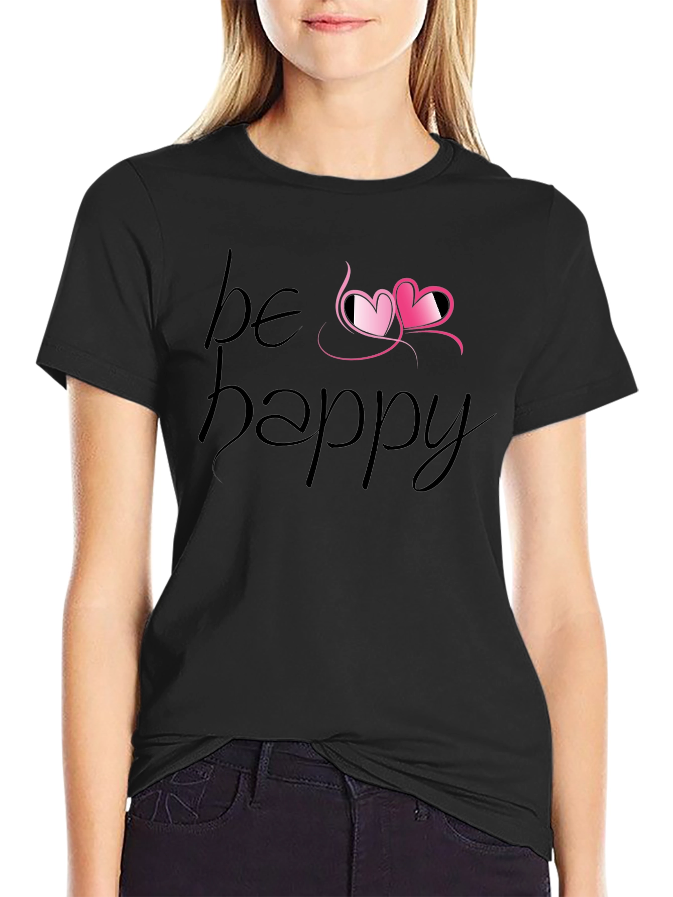 Black Be Happy Heart Tee - Black Graphic T-Shirt view 2