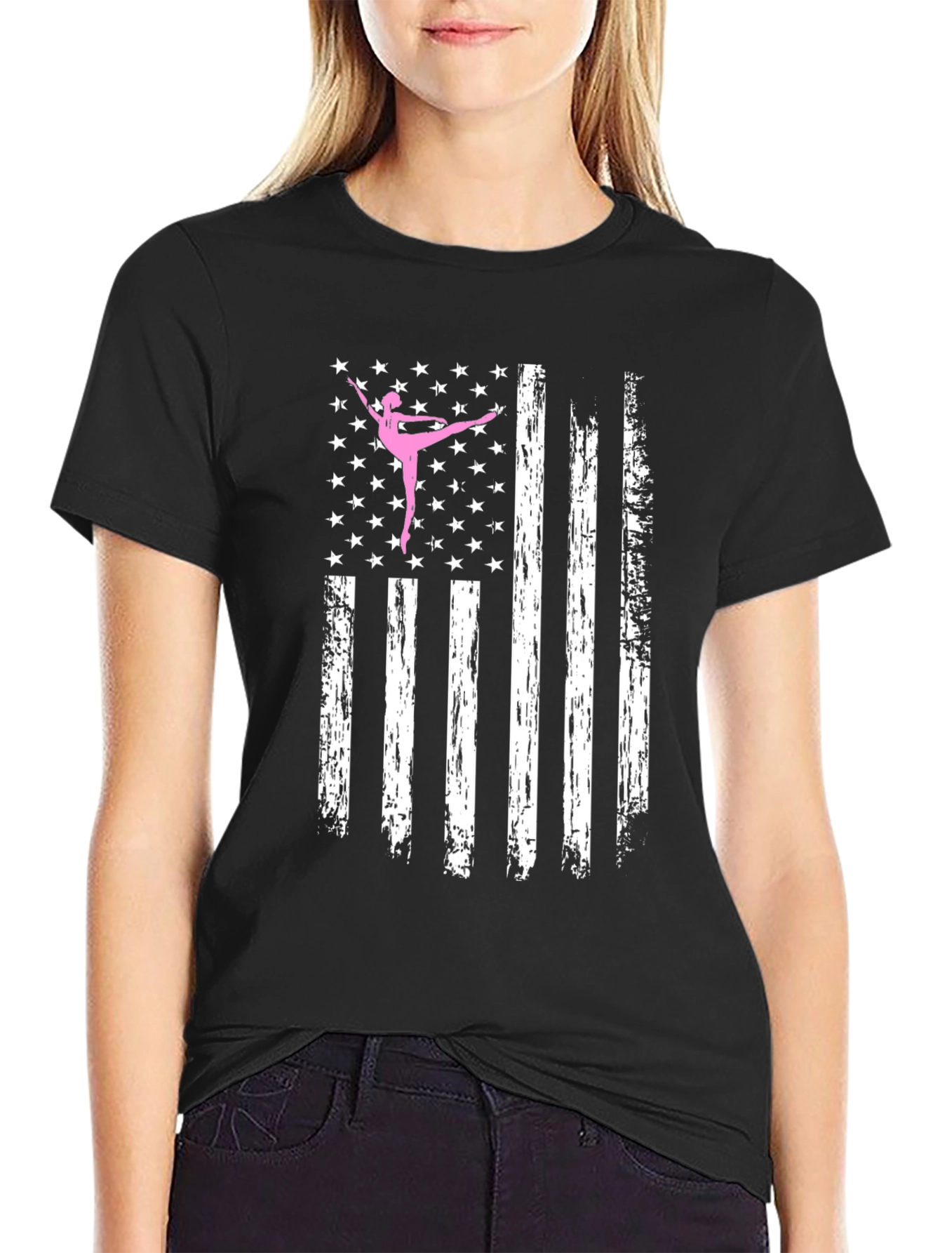 Black Ballet Dancer American Flag Black T-Shirt view 2