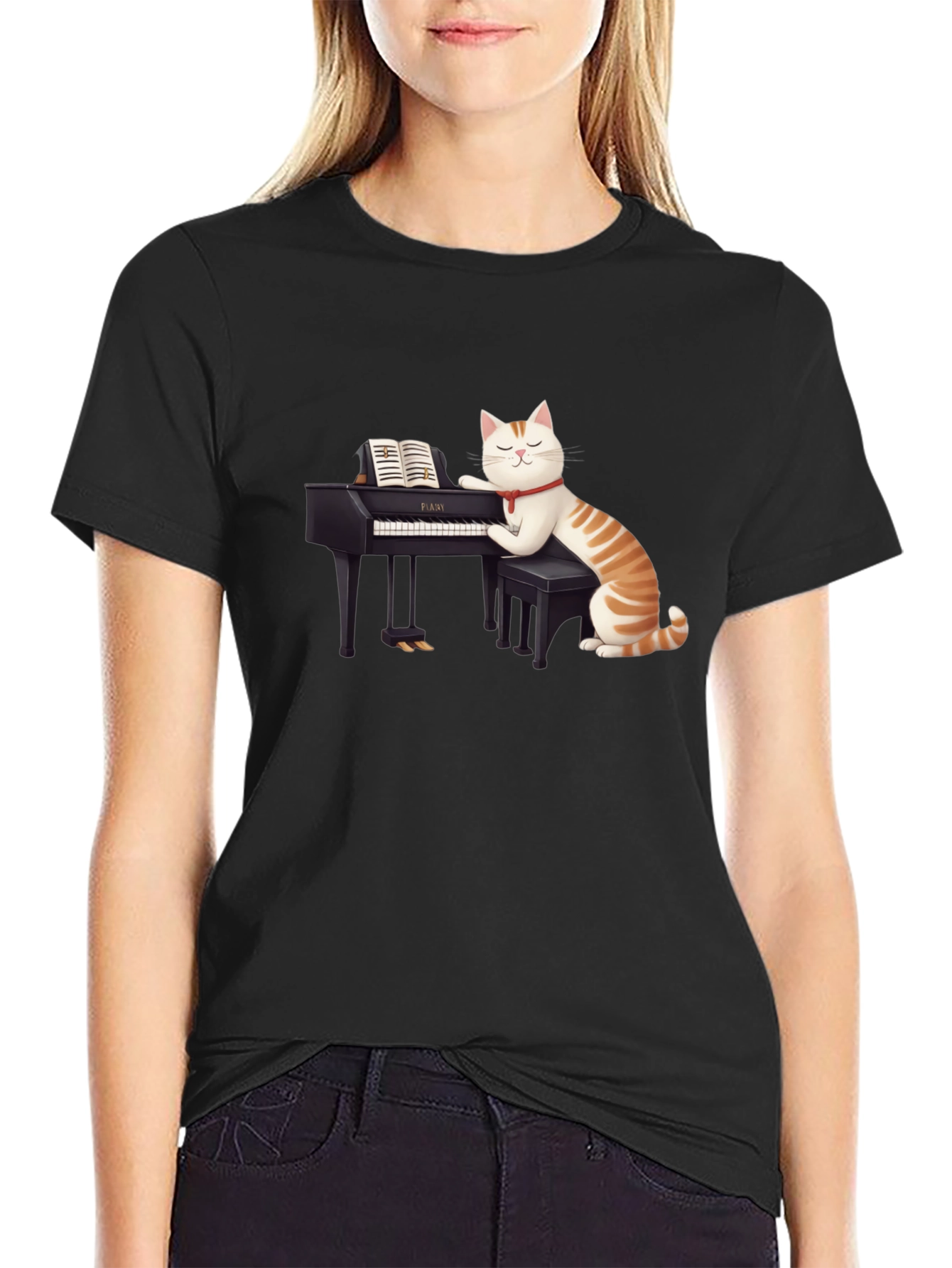 Black Cat Playing Piano T-Shirt - Unique Graphic Tee view 2