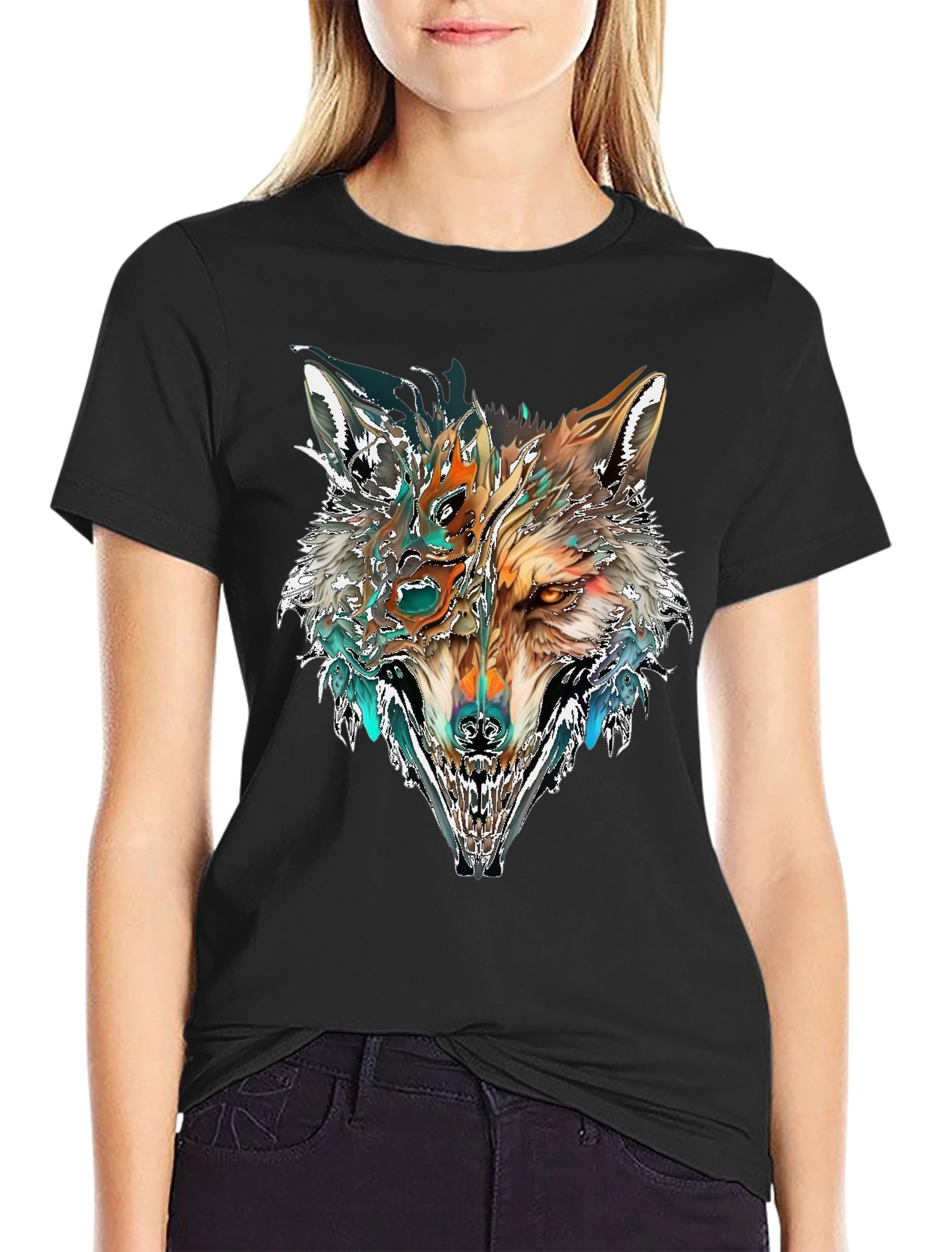 Black Abstract Wolf Graphic T-Shirt - Black view 2