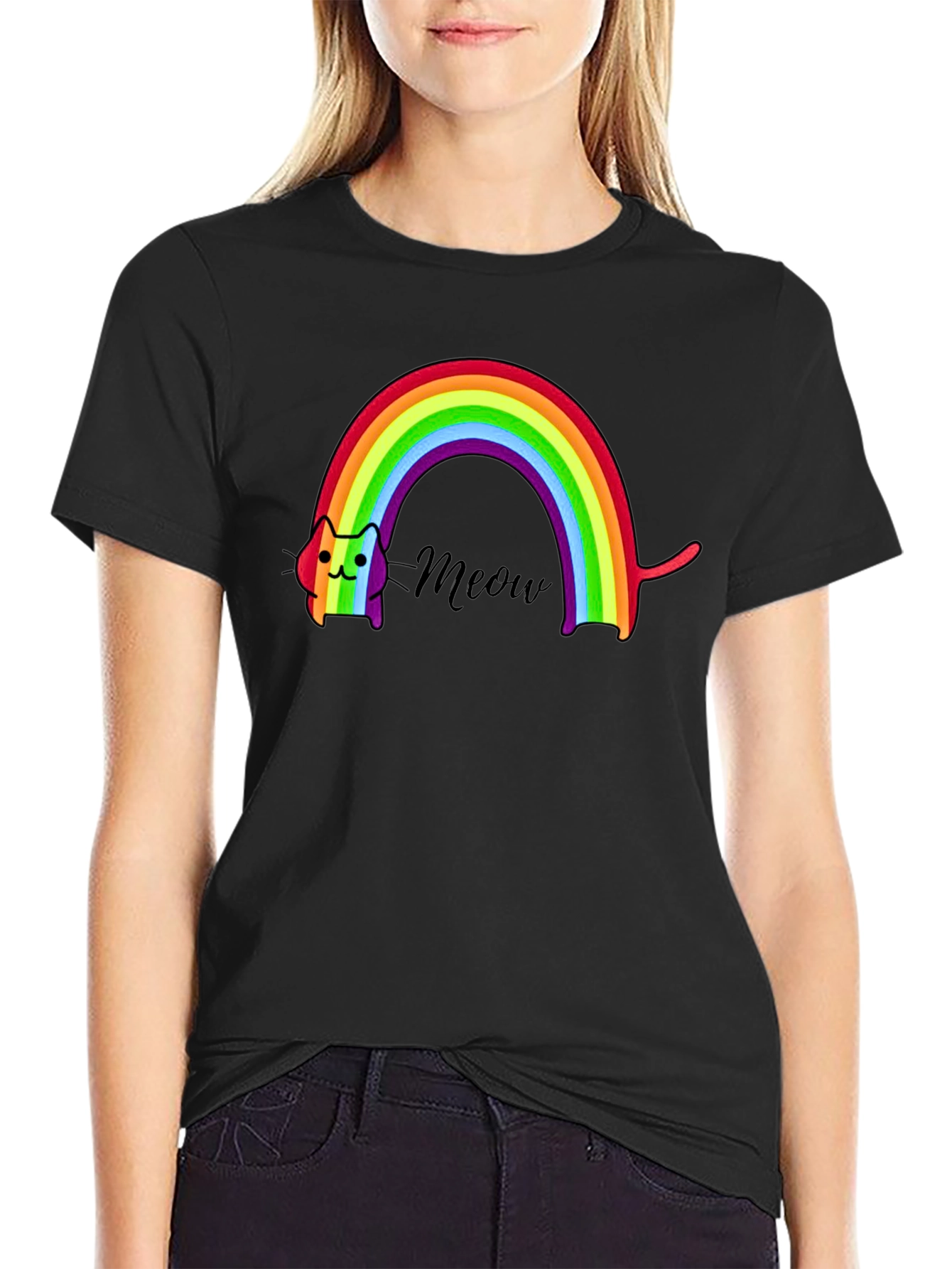Black Rainbow Cat Meow T-Shirt view 2
