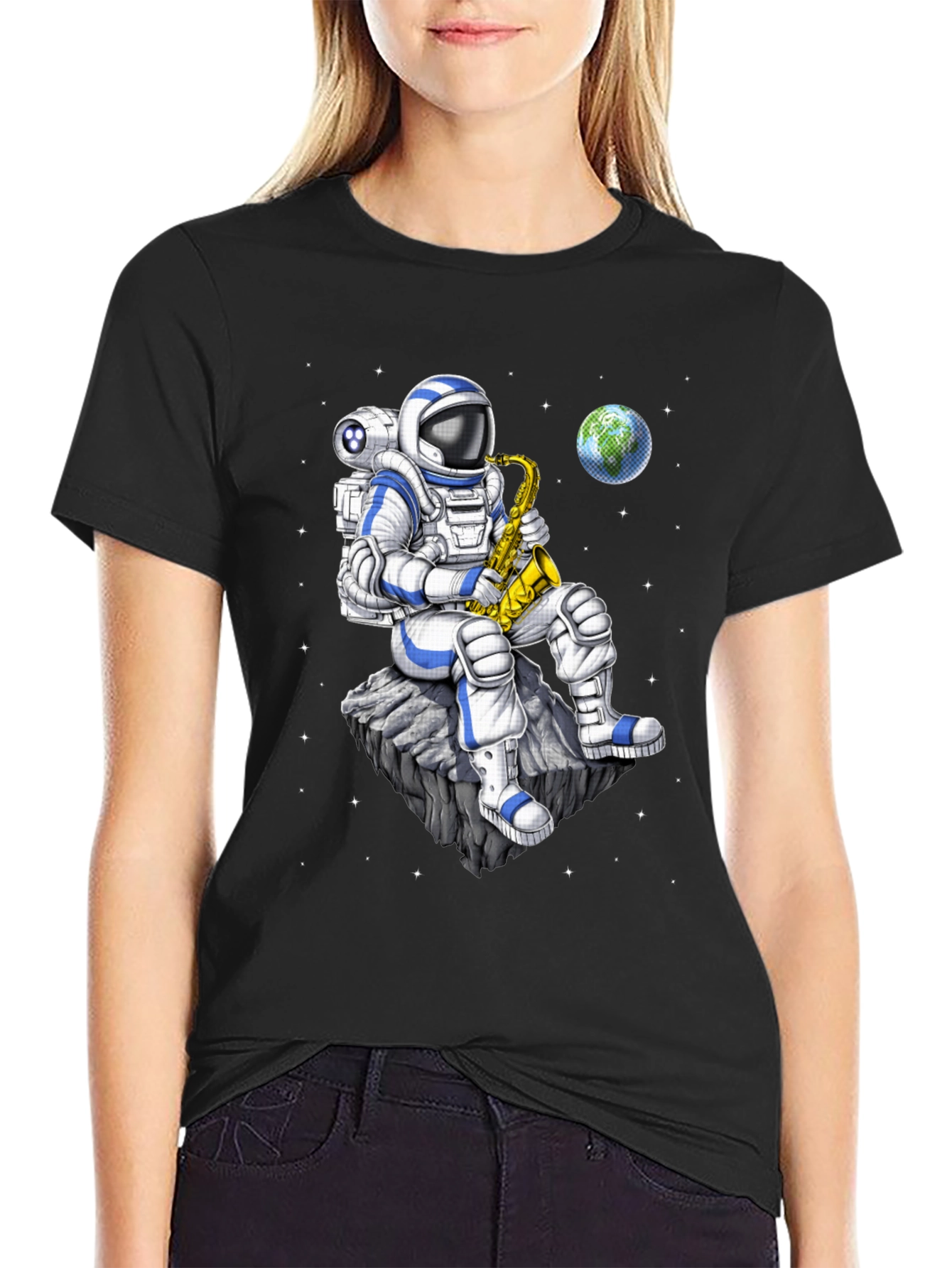Black Astronaut Saxophone T-Shirt: Space Musician Tee view 2