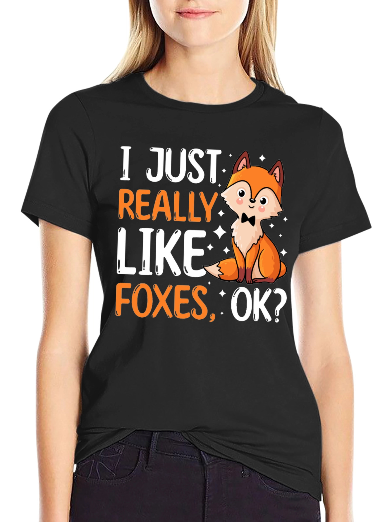 Black Funny Fox Lover T-Shirt - "I Just Really Like Foxes, OK?" view 2