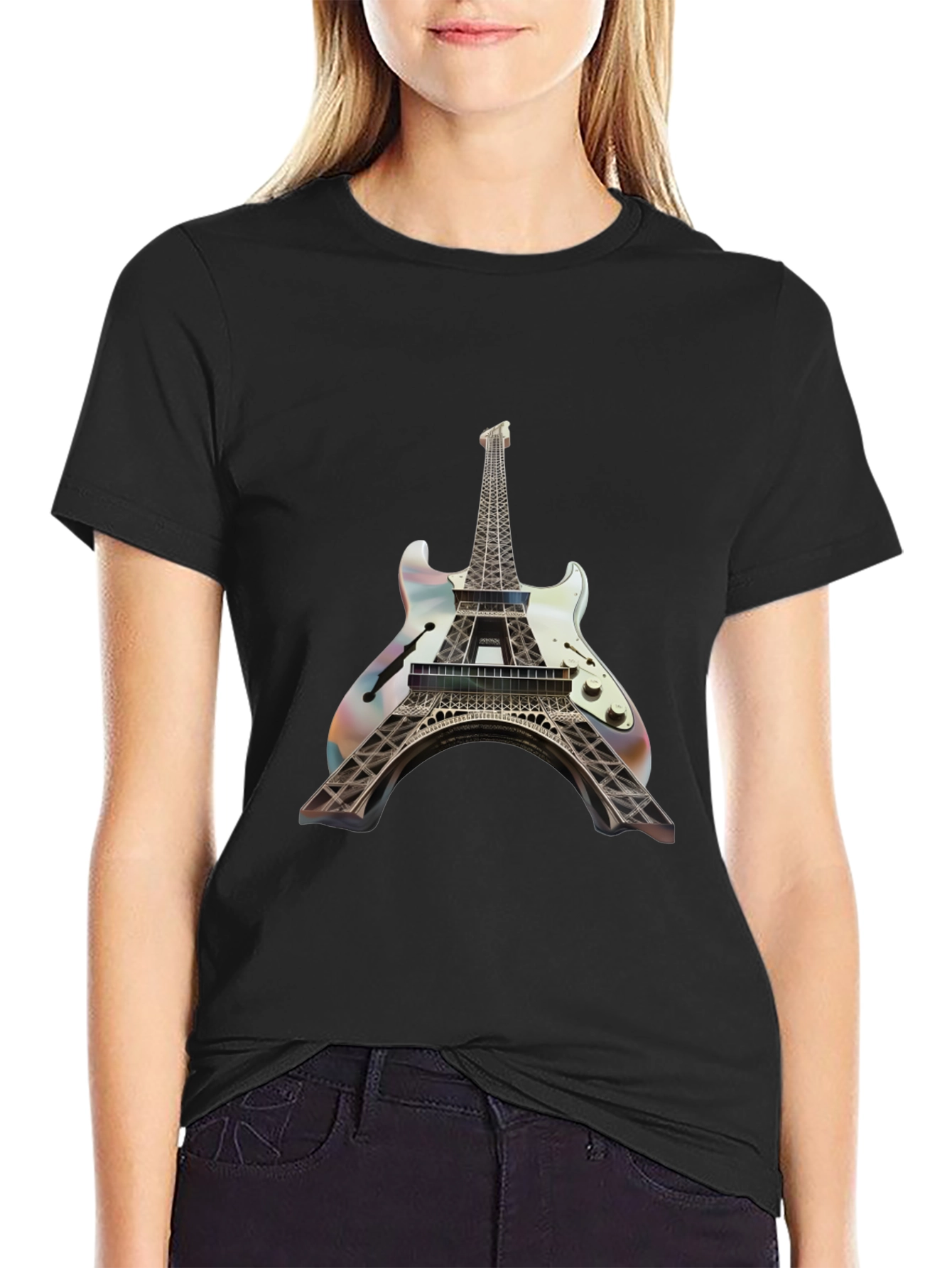 Black Eiffel Tower Guitar T-Shirt - Unique Design view 2