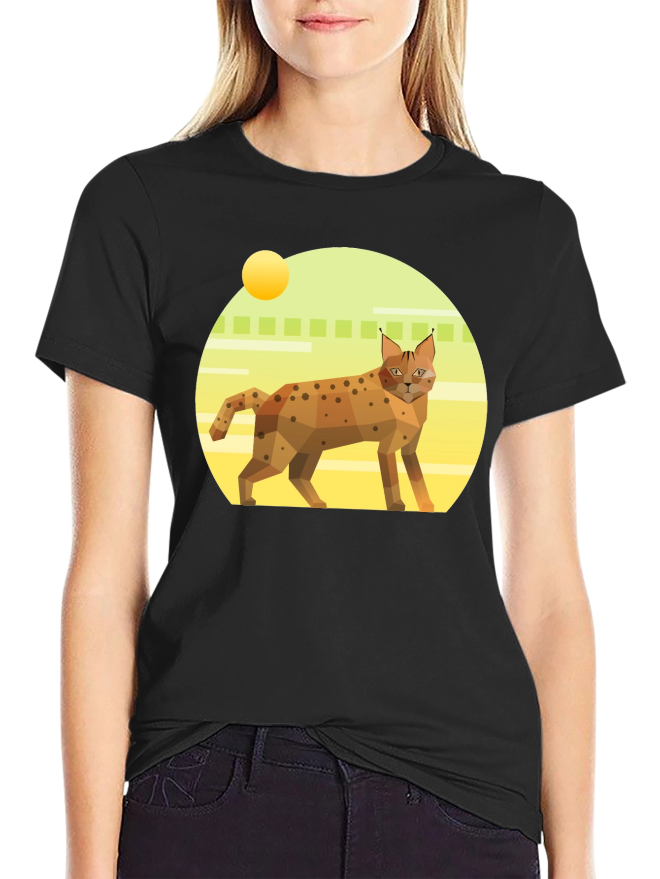 Black Geometric Lynx T-Shirt - Cool Cat Graphic Tee view 2