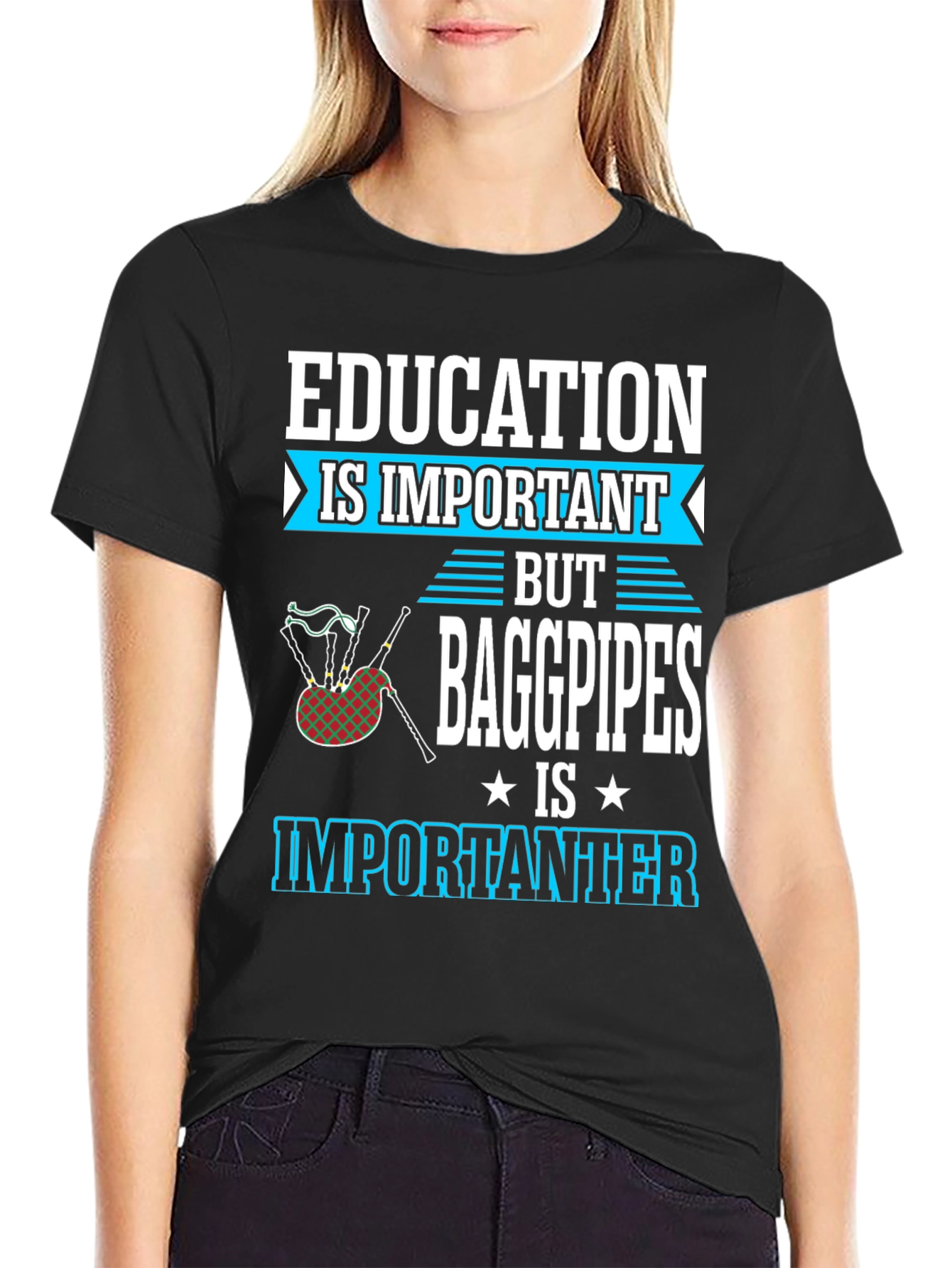 Black Education vs Bagpipes T-Shirt - Importanter Funny Tee view 2