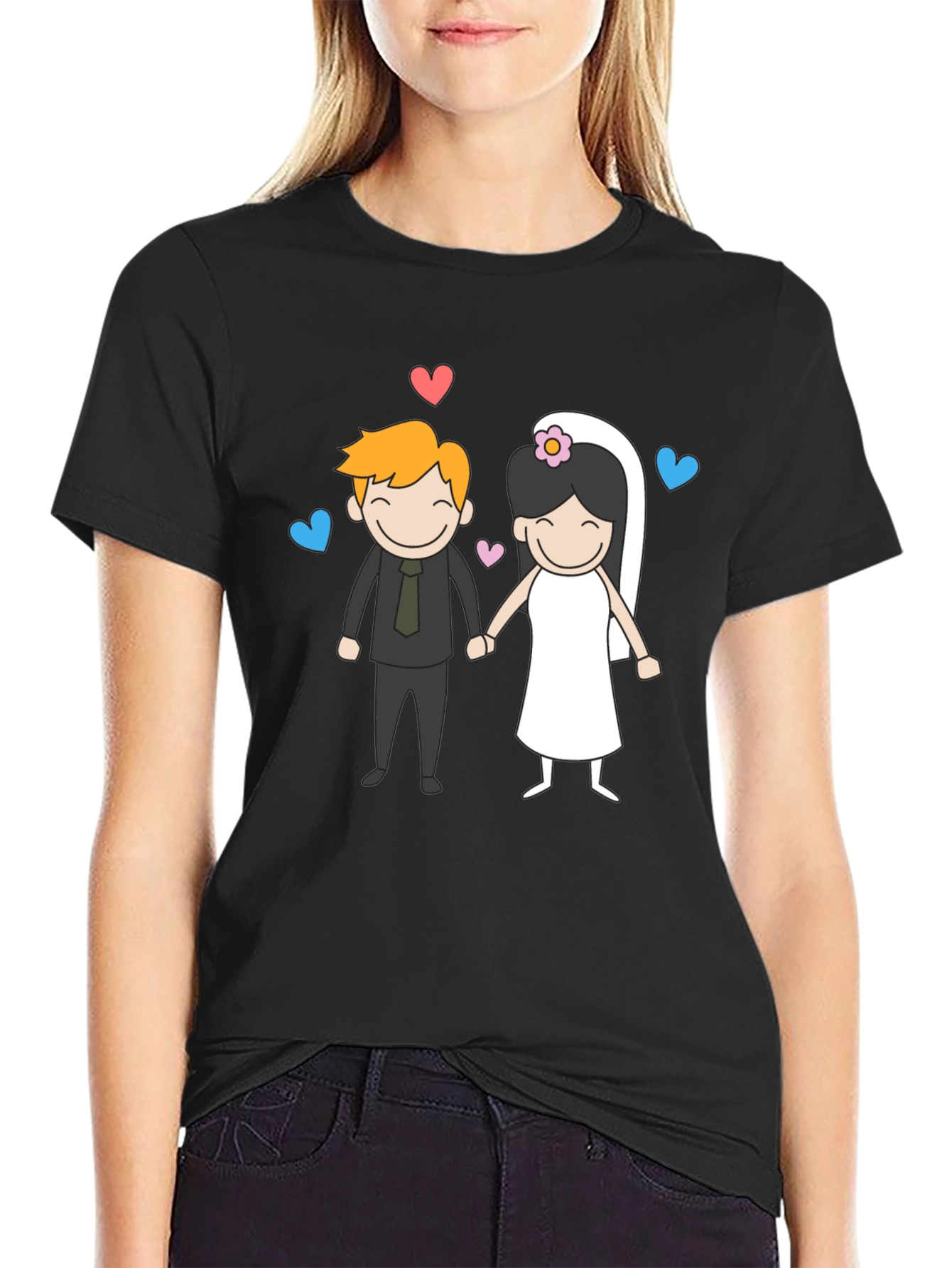 Black Cartoon Wedding Couple Graphic Tee - Black view 2
