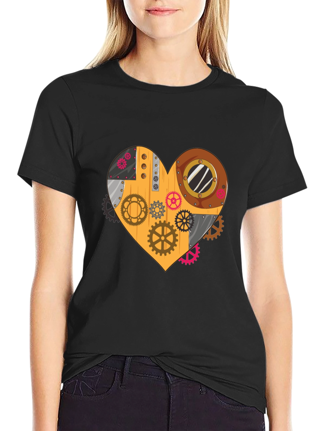 Black Steampunk Heart Gear T-Shirt - Unique Design view 2