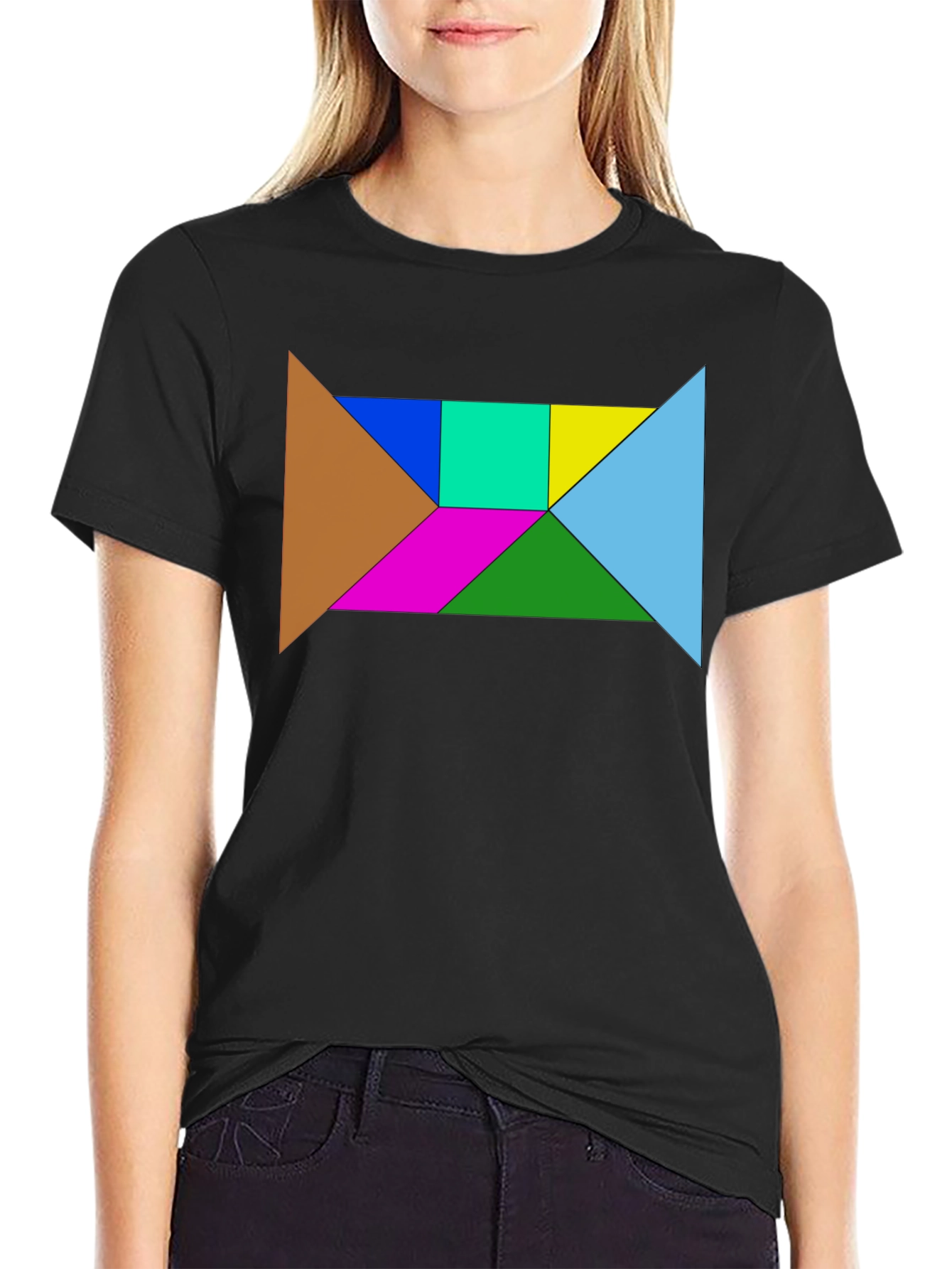 Black Geometric Tangram Puzzle Graphic Tee - Black Cotton Blend view 2
