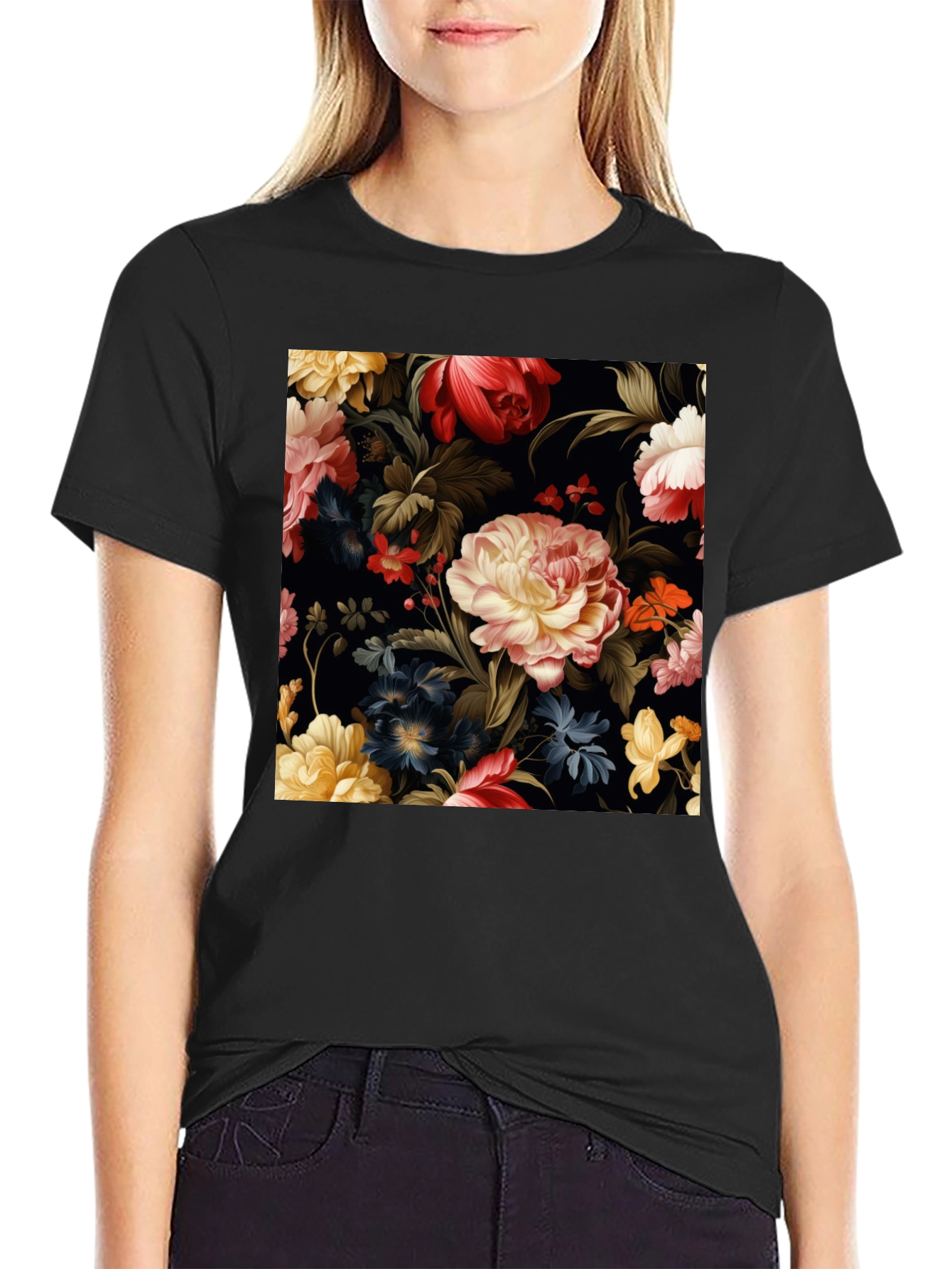 Black Floral Pattern Black T-Shirt view 2
