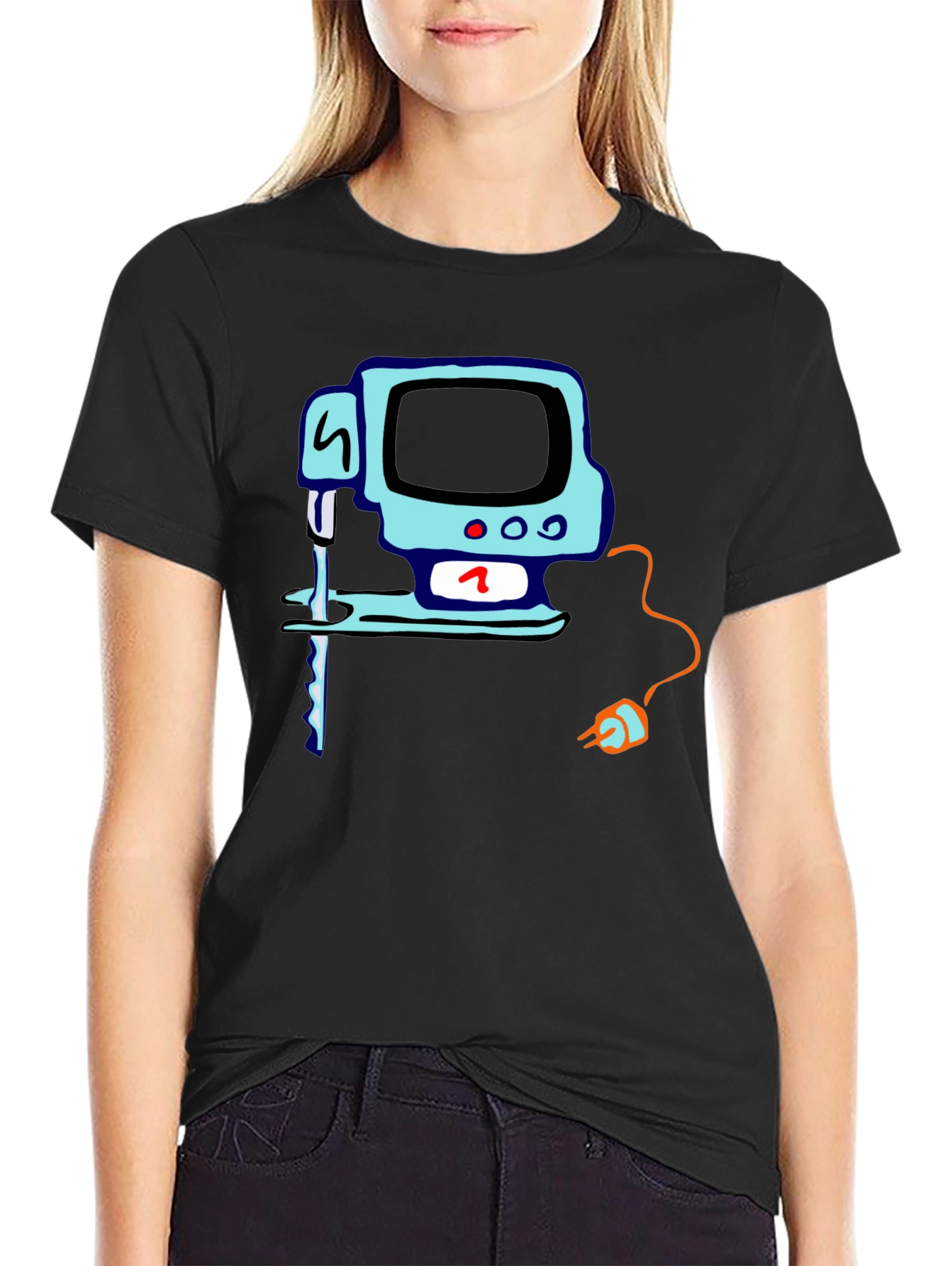 Black Retro Computer T-Shirt - Black Cotton Tee view 2