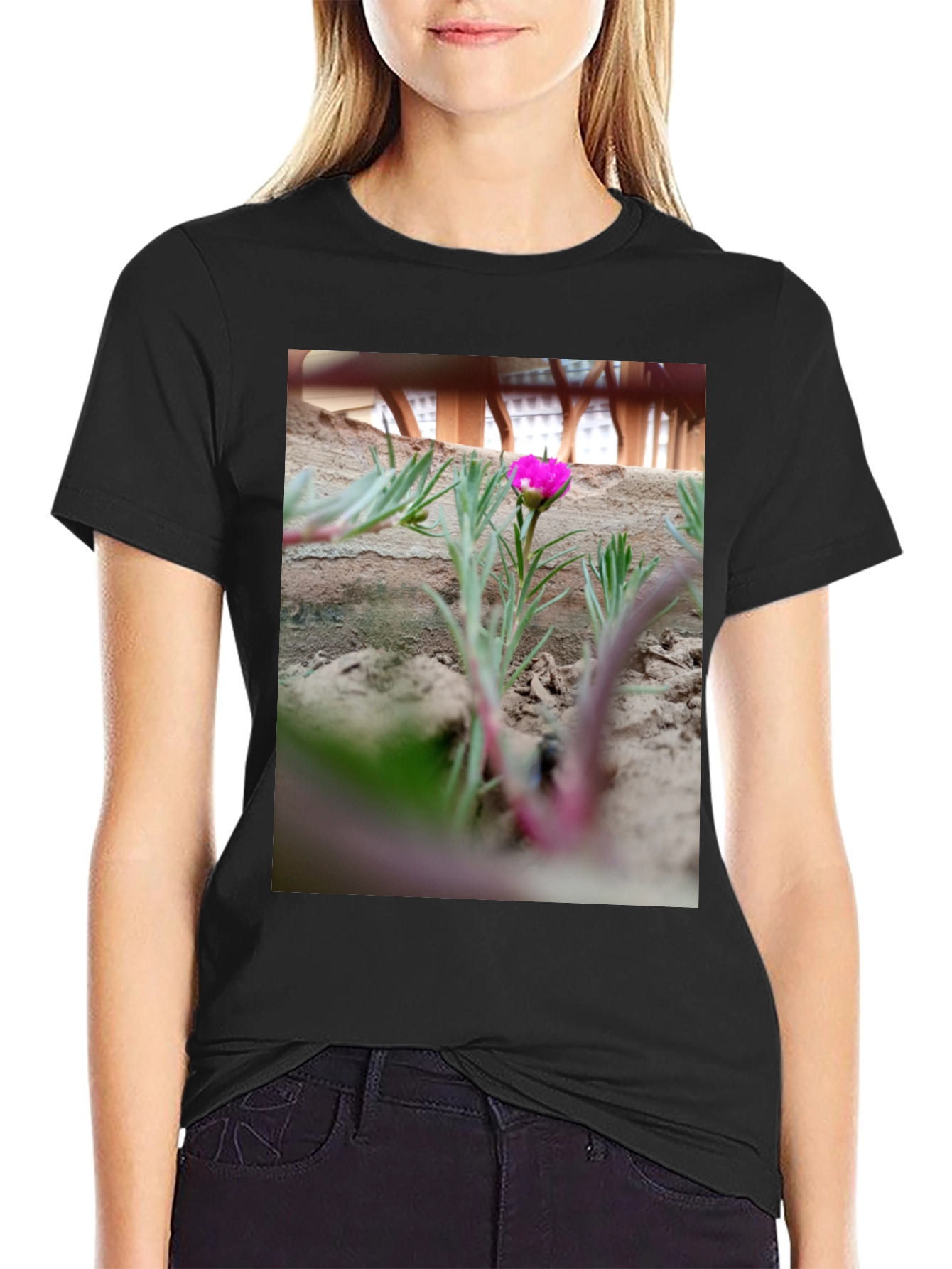 Black Unique Flower Print Black T-Shirt view 2