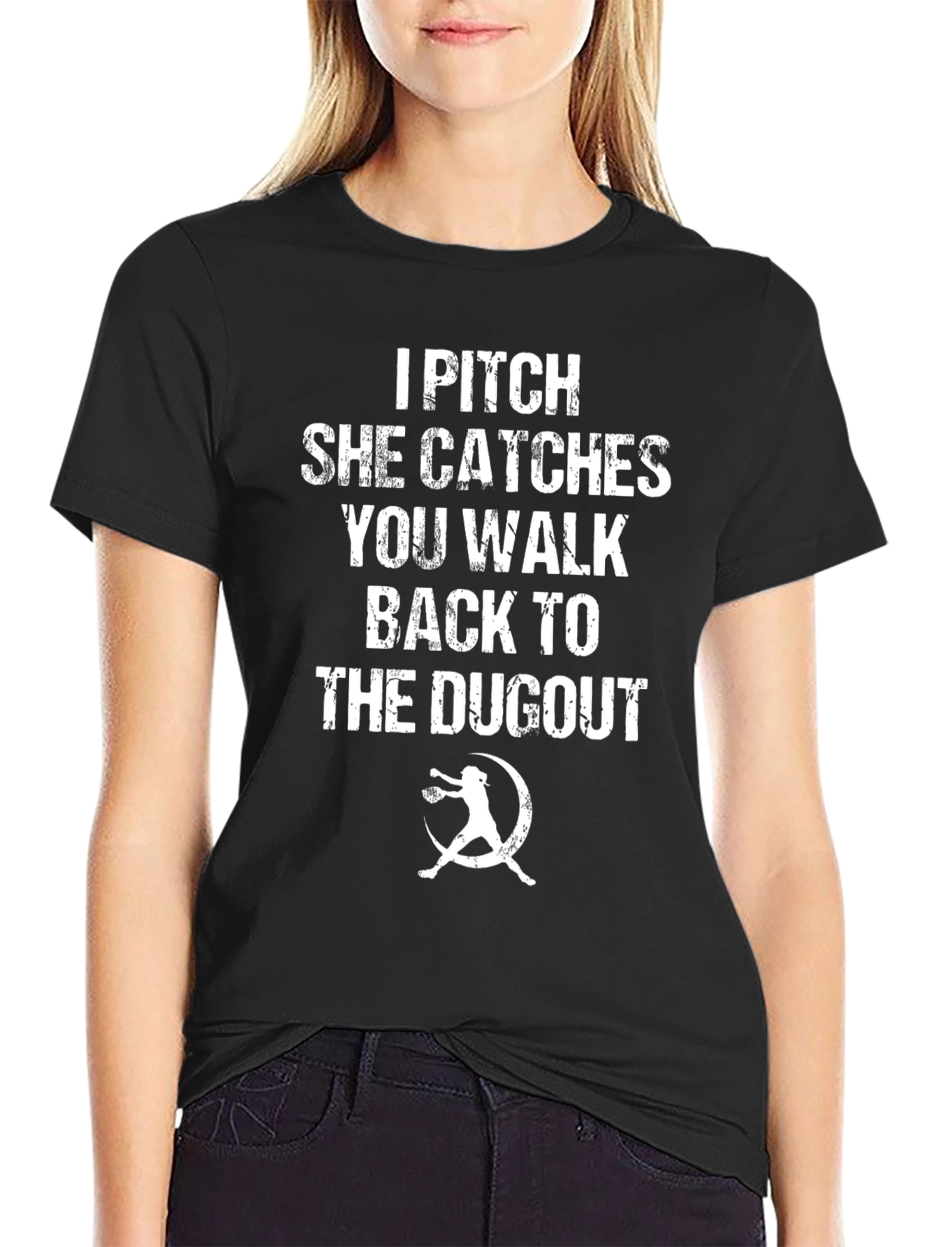 Black I Pitch, She Catches T-Shirt - Funny Softball Tee view 2