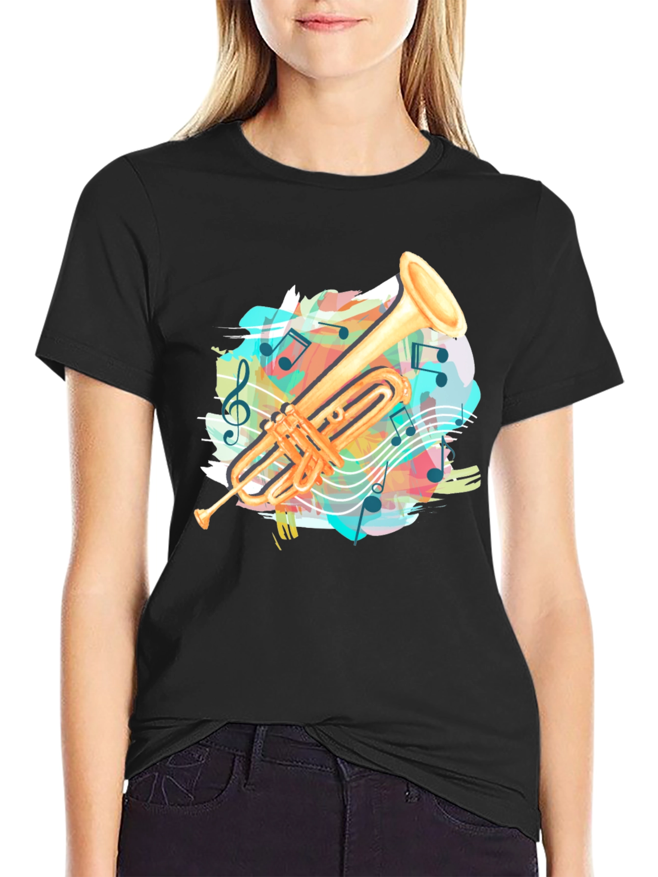 Black Trumpet Music Notes Graphic Tee - Black Casual T-Shirt view 2
